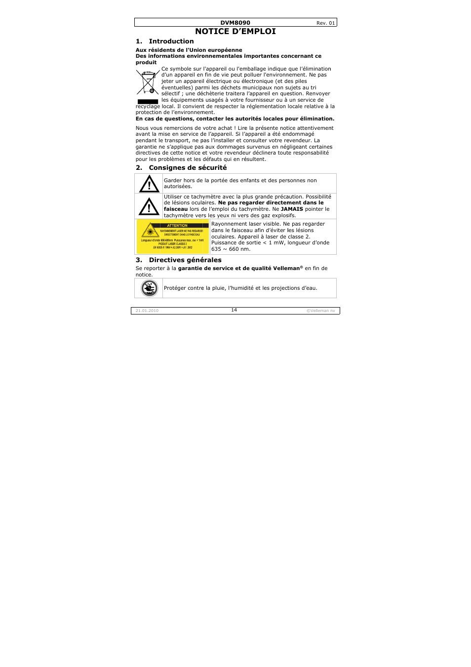 Otice d’e, Emploi | Velleman DVM8090 User Manual | Page 14 / 32