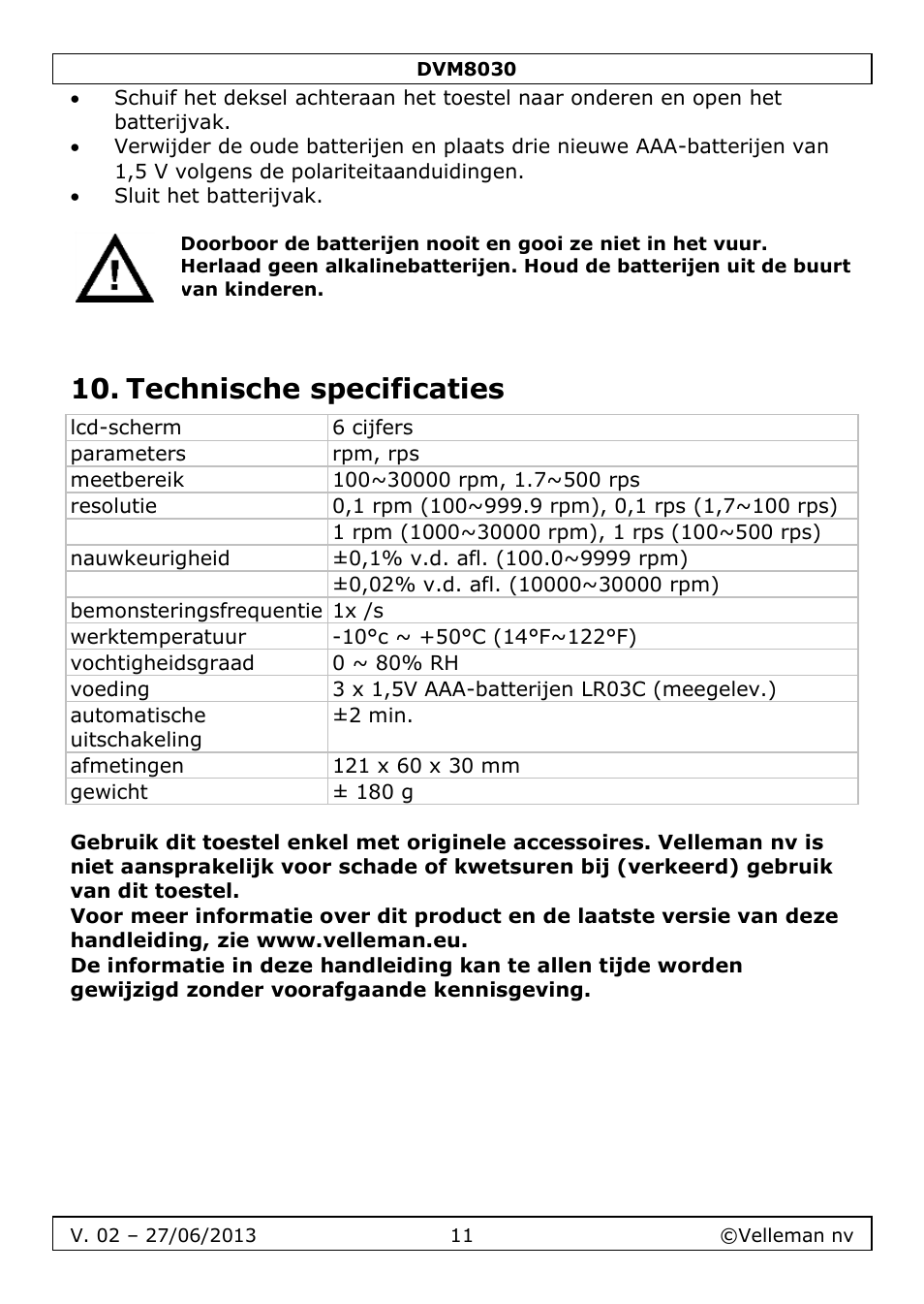 Technische specificaties | Velleman DVM8030 User Manual | Page 11 / 33