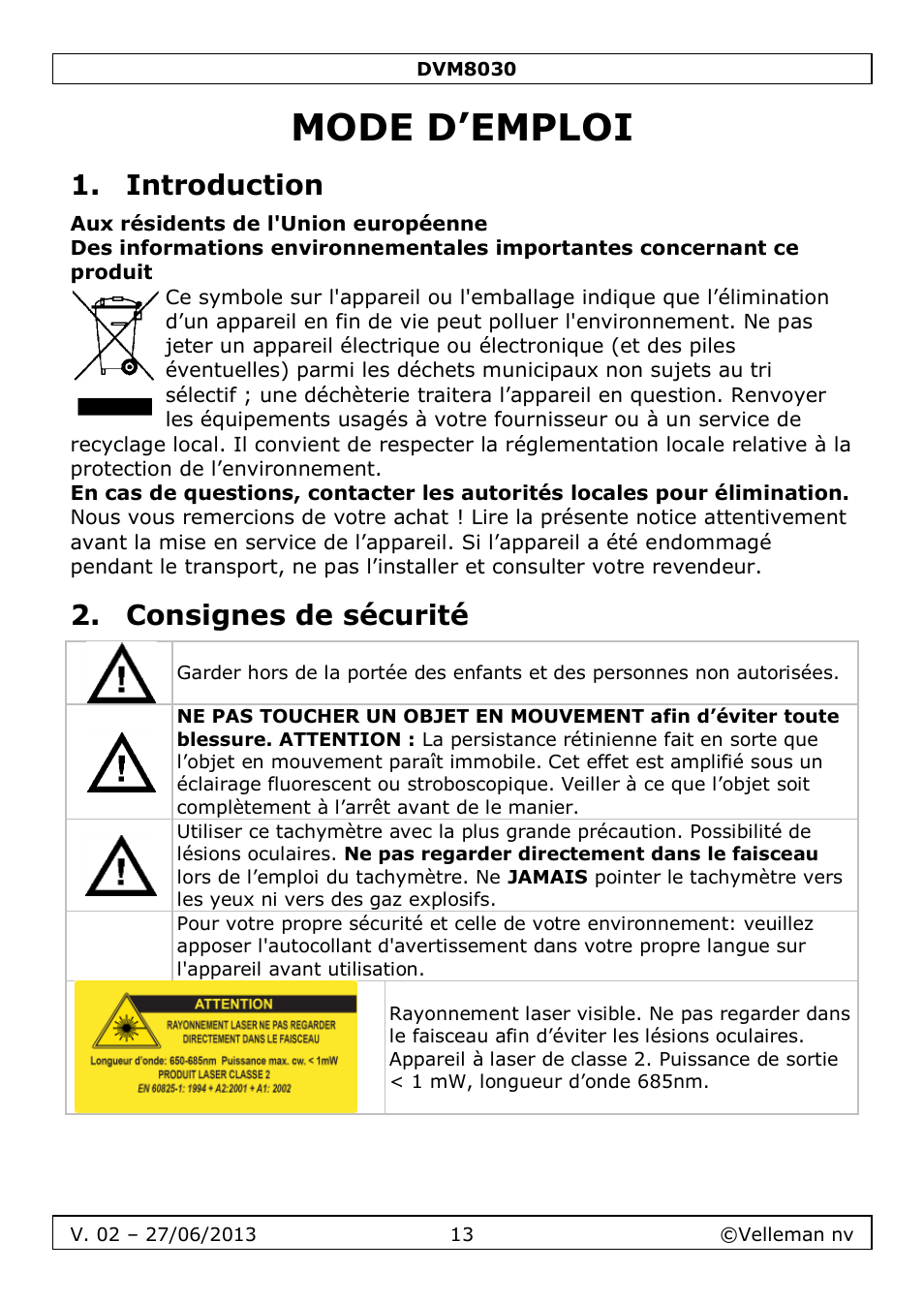 Mode d’emploi, Introduction, Consignes de sécurité | Velleman DVM8030 User Manual | Page 13 / 33