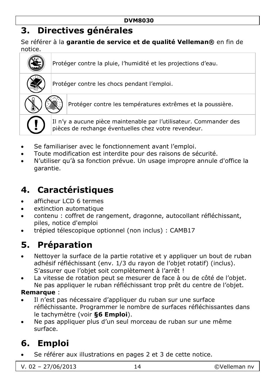 Directives générales, Caractéristiques, Préparation | Emploi | Velleman DVM8030 User Manual | Page 14 / 33