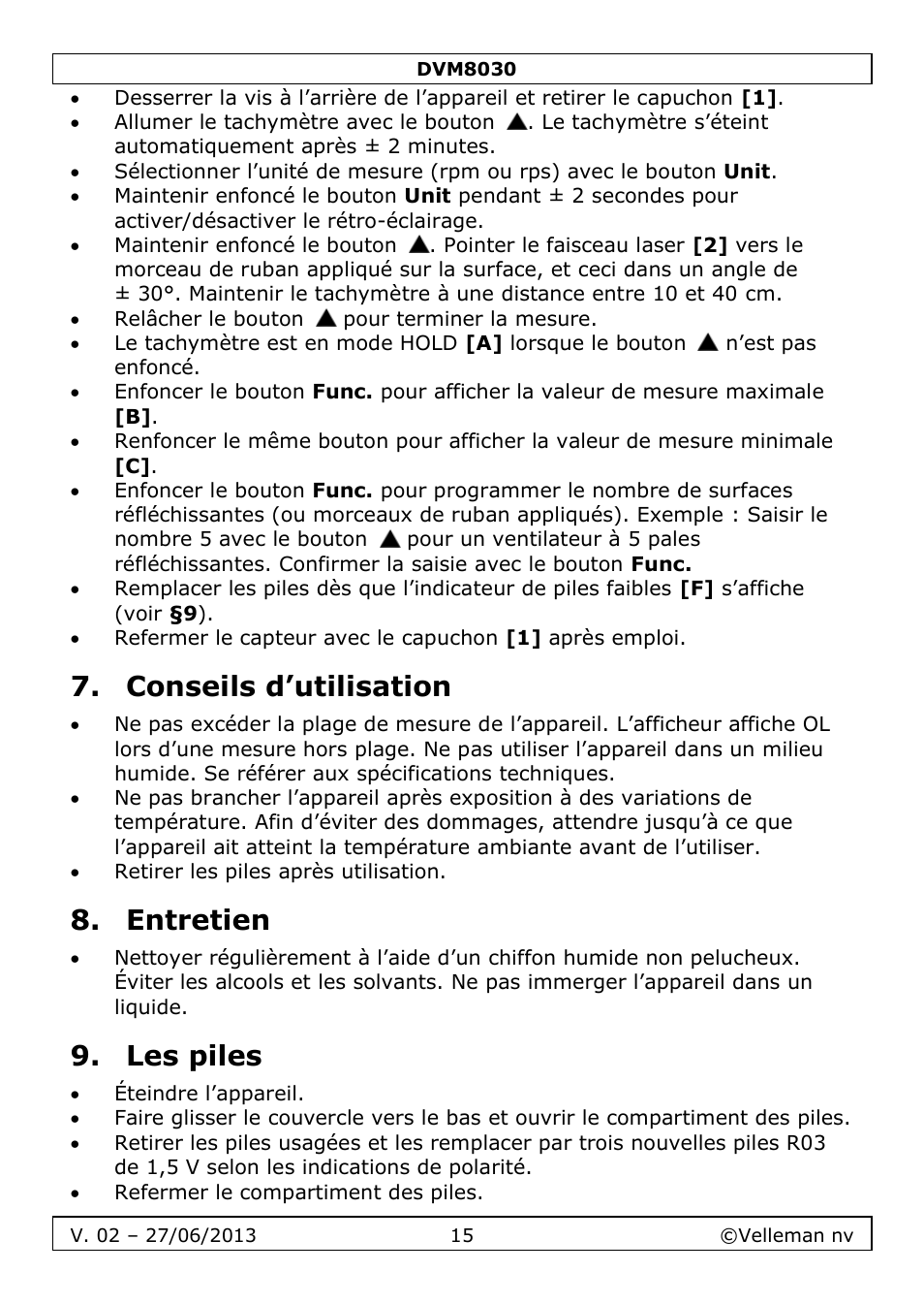 Conseils d’utilisation, Entretien, Les piles | Velleman DVM8030 User Manual | Page 15 / 33