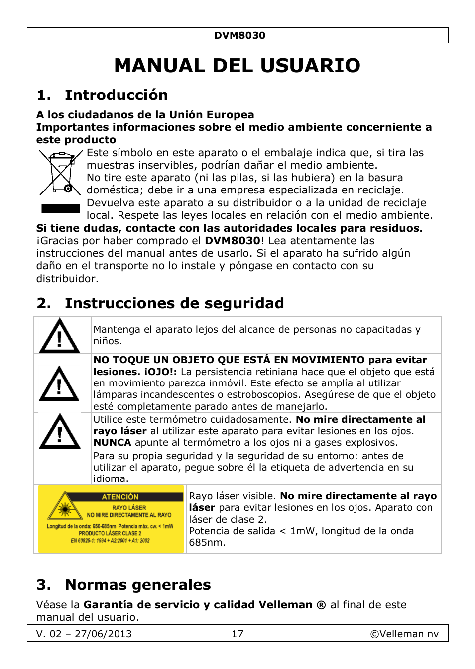 Manual del usuario, Introducción, Instrucciones de seguridad | Normas generales | Velleman DVM8030 User Manual | Page 17 / 33