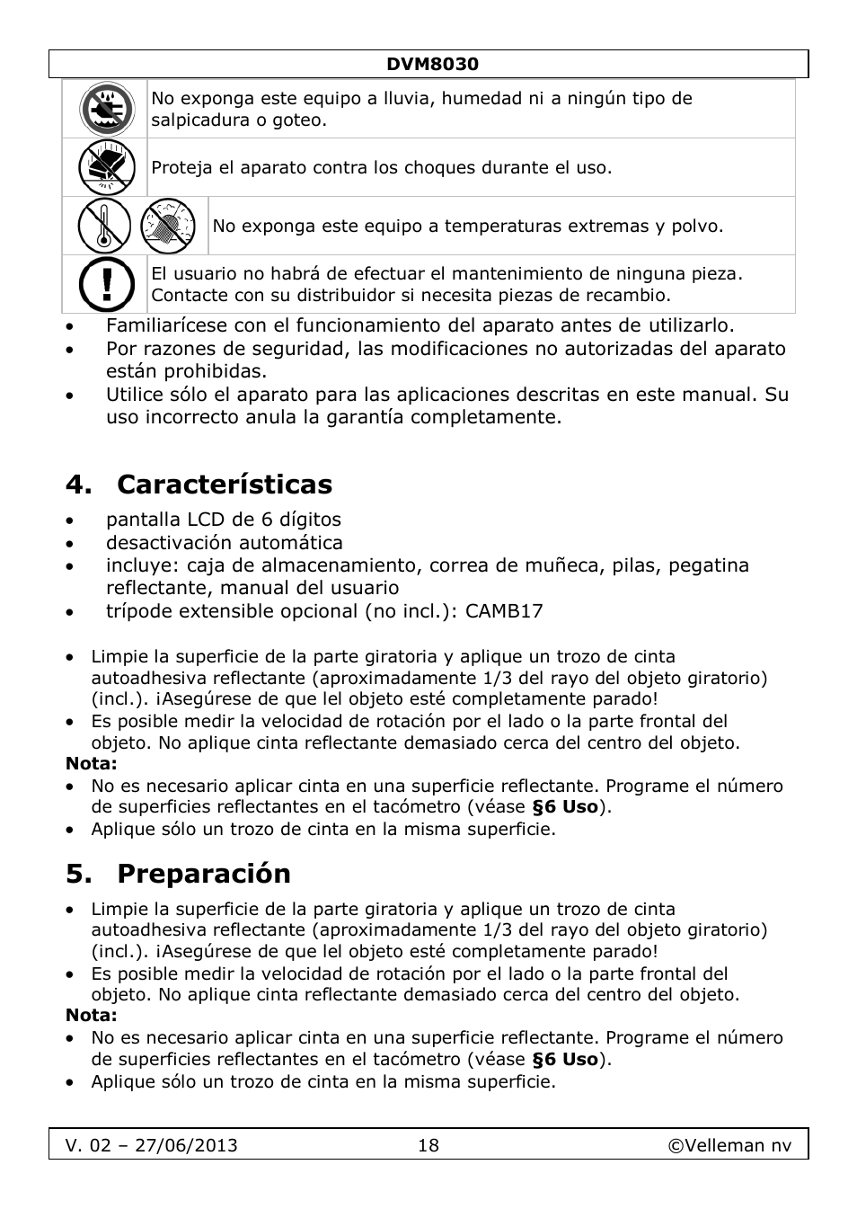 Características, Preparación | Velleman DVM8030 User Manual | Page 18 / 33