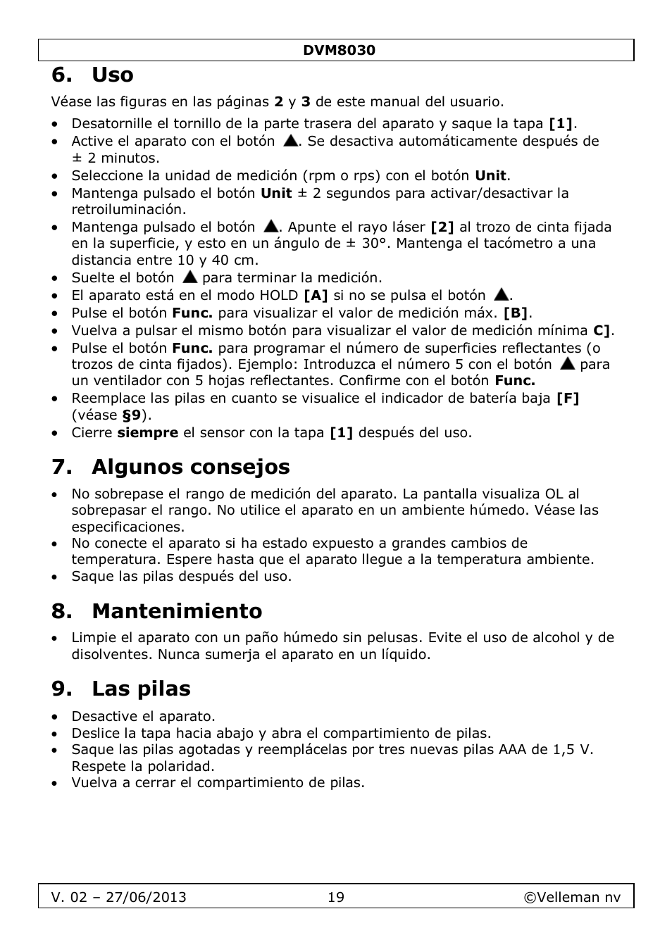 Algunos consejos, Mantenimiento, Las pilas | Velleman DVM8030 User Manual | Page 19 / 33