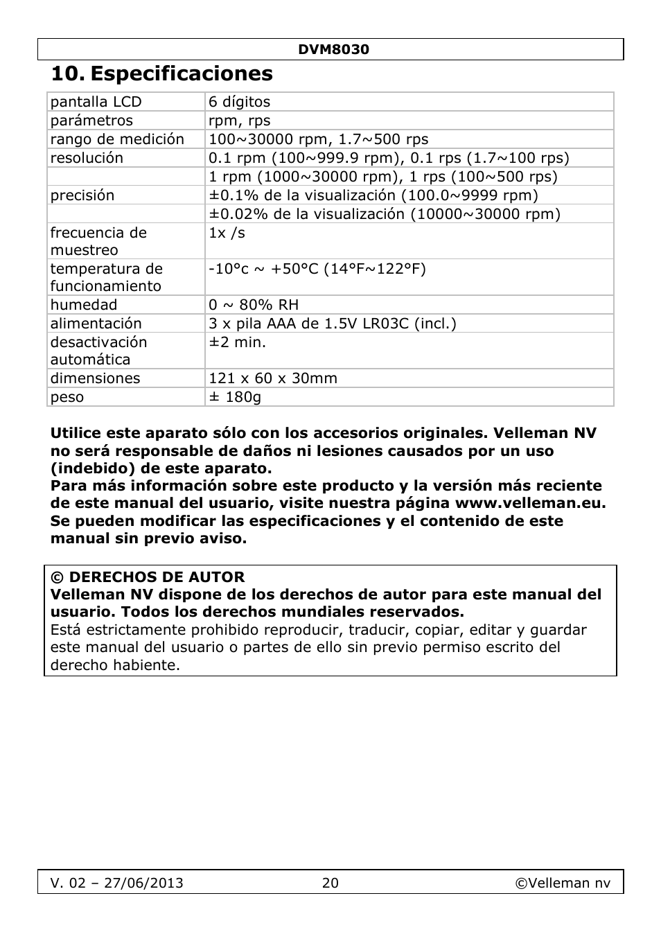 Especificaciones | Velleman DVM8030 User Manual | Page 20 / 33