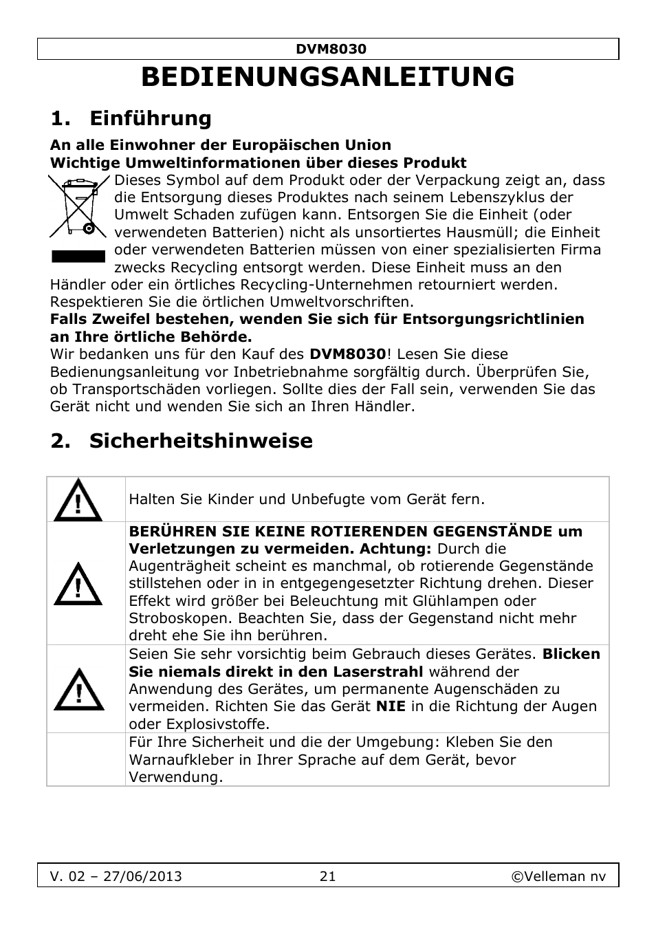 Bedienungsanleitung, Einführung, Sicherheitshinweise | Velleman DVM8030 User Manual | Page 21 / 33