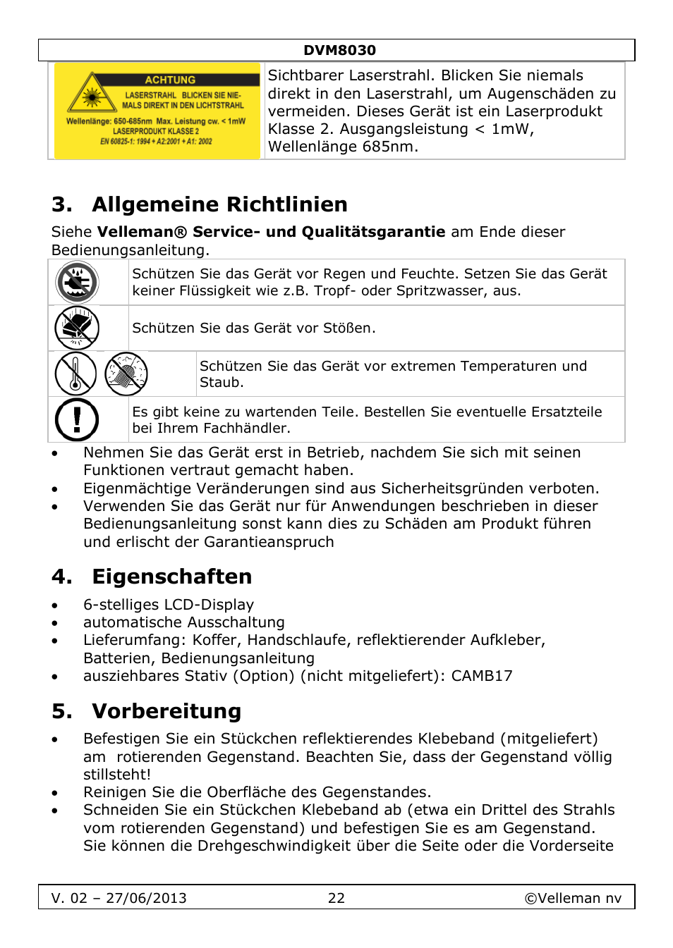 Allgemeine richtlinien, Eigenschaften, Vorbereitung | Velleman DVM8030 User Manual | Page 22 / 33