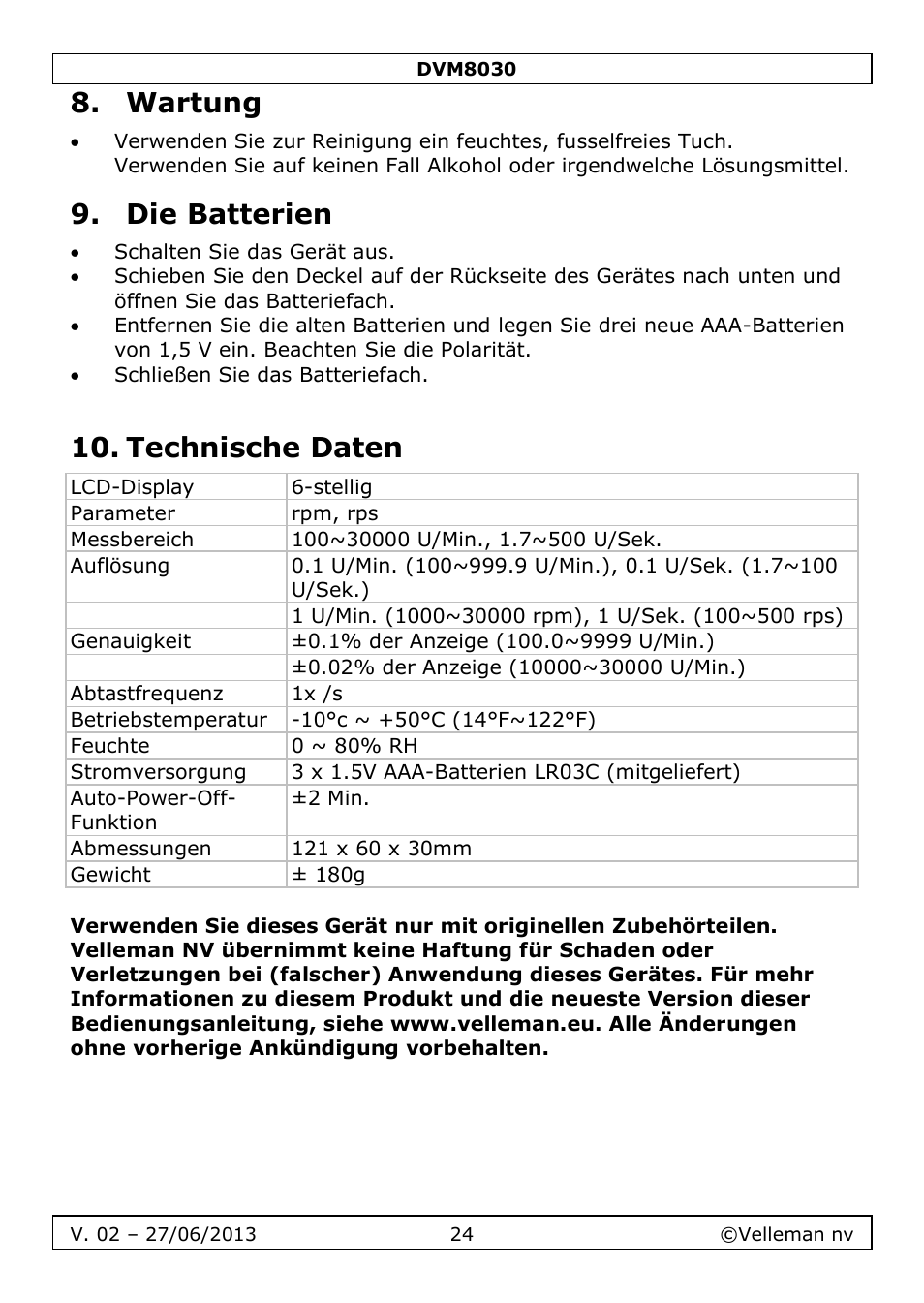 Wartung, Die batterien, Technische daten | Velleman DVM8030 User Manual | Page 24 / 33