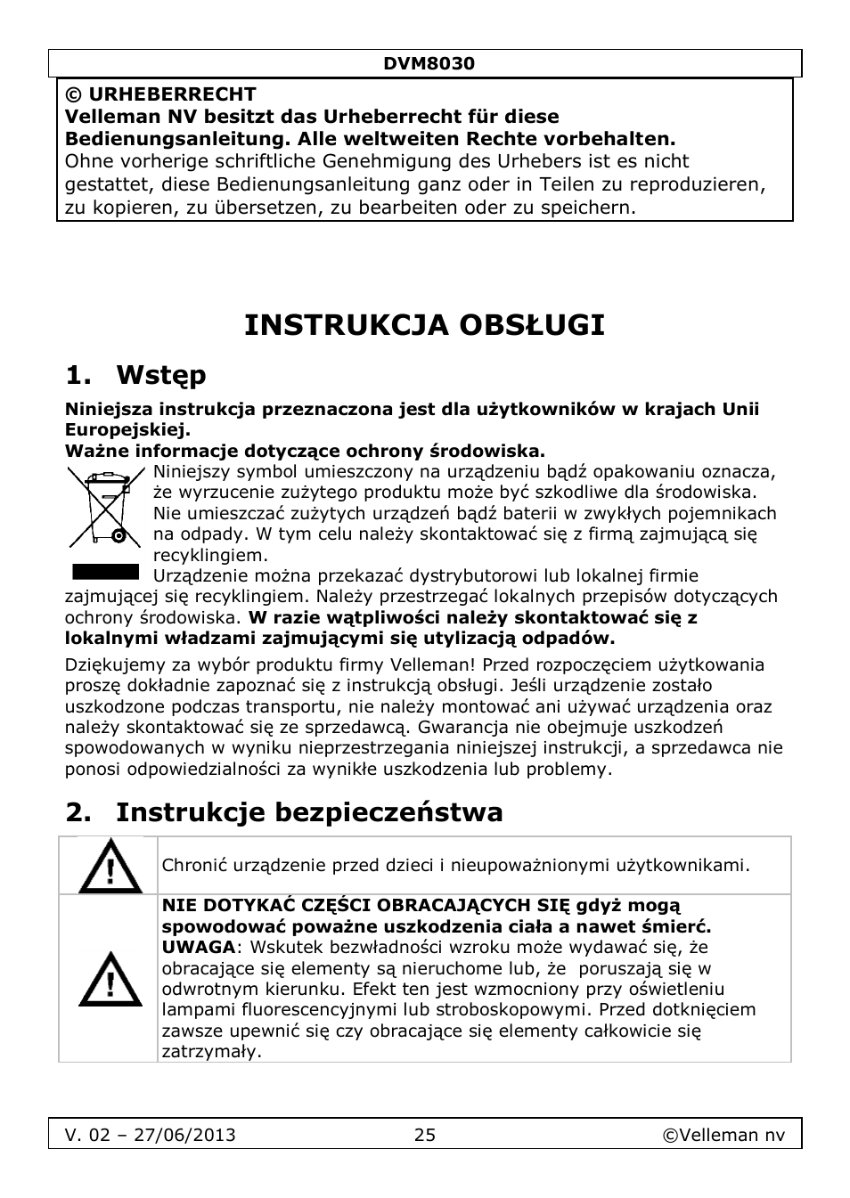Instrukcja obsługi, Wstęp, Instrukcje bezpieczeństwa | Velleman DVM8030 User Manual | Page 25 / 33