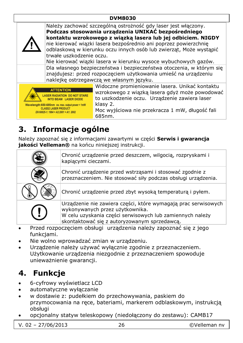 Informacje ogólne, Funkcje | Velleman DVM8030 User Manual | Page 26 / 33