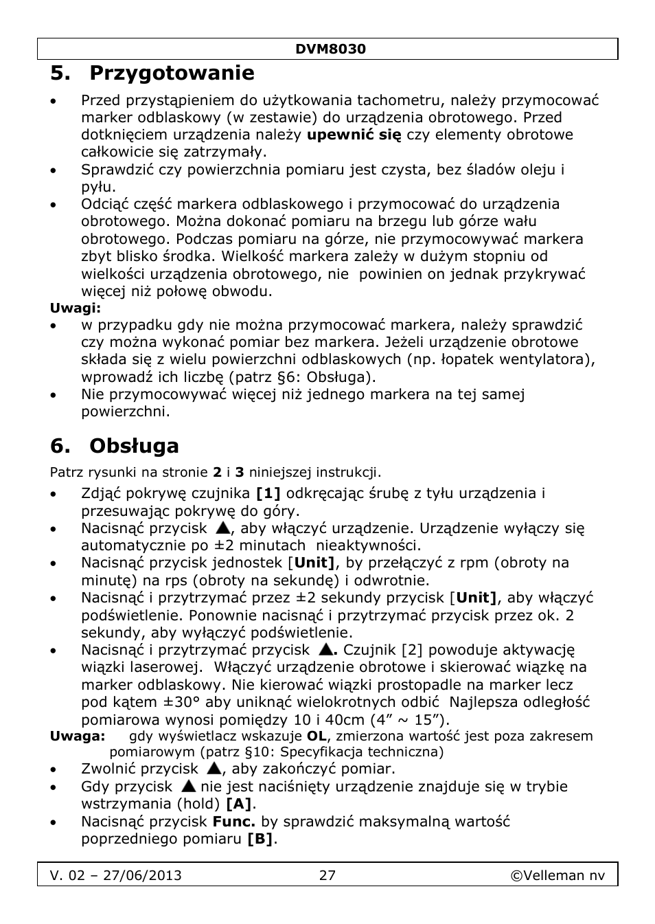 Przygotowanie, Obsługa | Velleman DVM8030 User Manual | Page 27 / 33