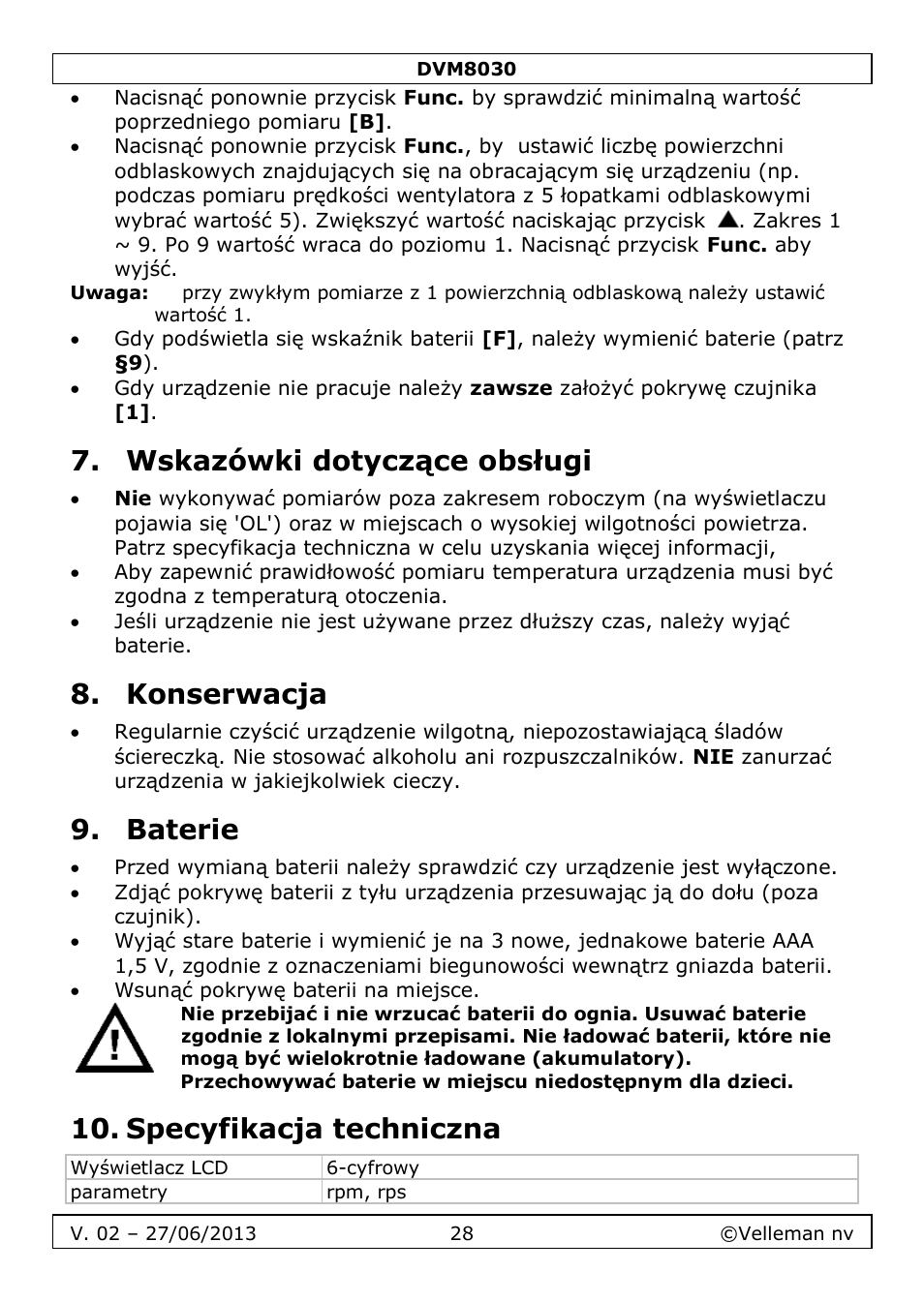 Wskazówki dotyczące obsługi, Konserwacja, Baterie | Specyfikacja techniczna | Velleman DVM8030 User Manual | Page 28 / 33