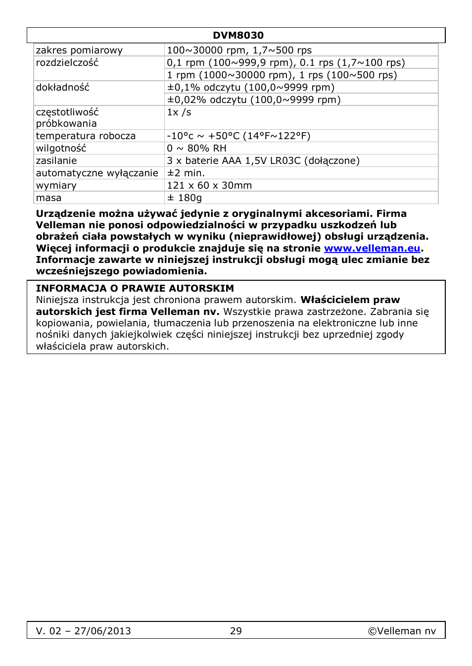 Velleman DVM8030 User Manual | Page 29 / 33