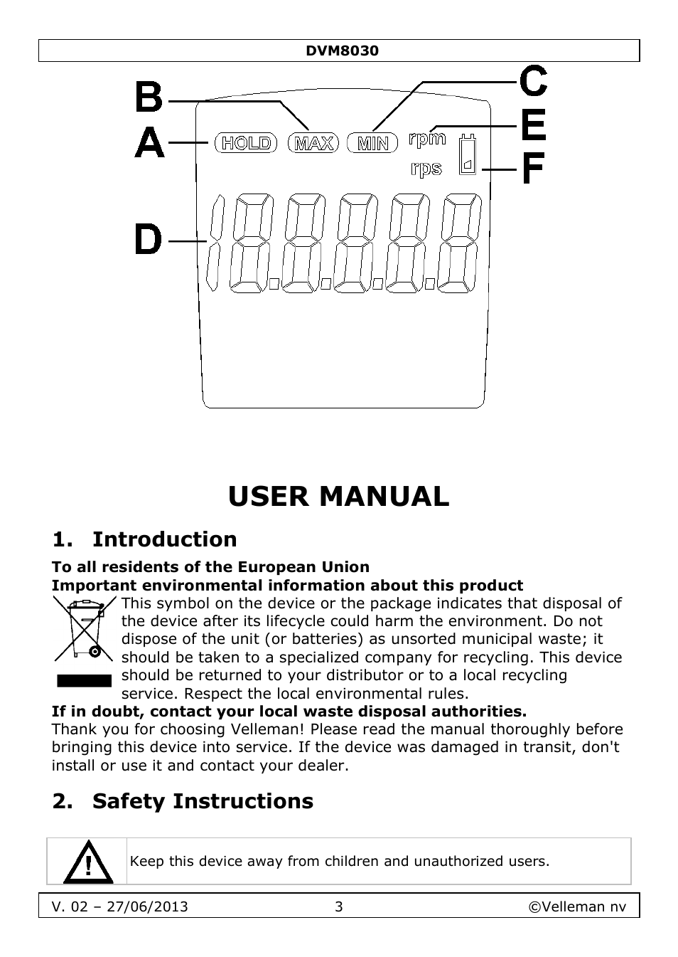 User manual, Introduction, Safety instructions | Velleman DVM8030 User Manual | Page 3 / 33