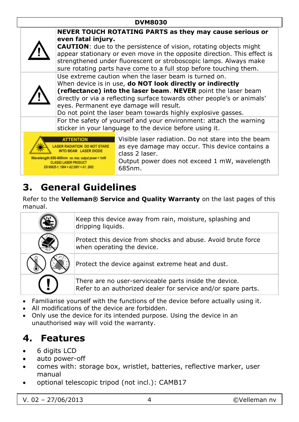 General guidelines, Features | Velleman DVM8030 User Manual | Page 4 / 33