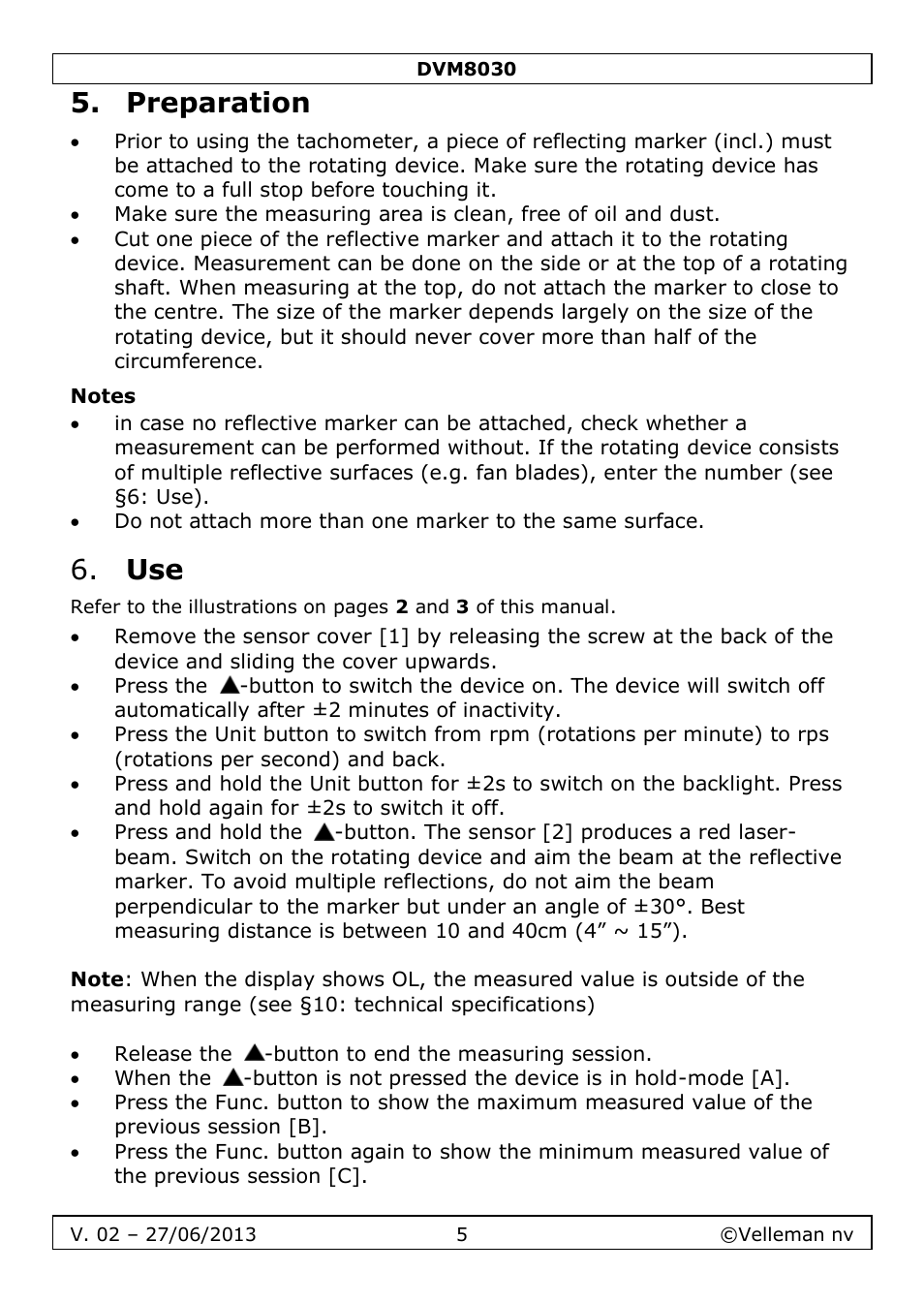 Preparation, Notes | Velleman DVM8030 User Manual | Page 5 / 33