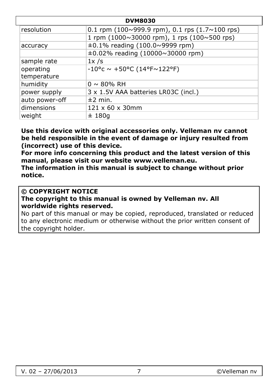 Velleman DVM8030 User Manual | Page 7 / 33