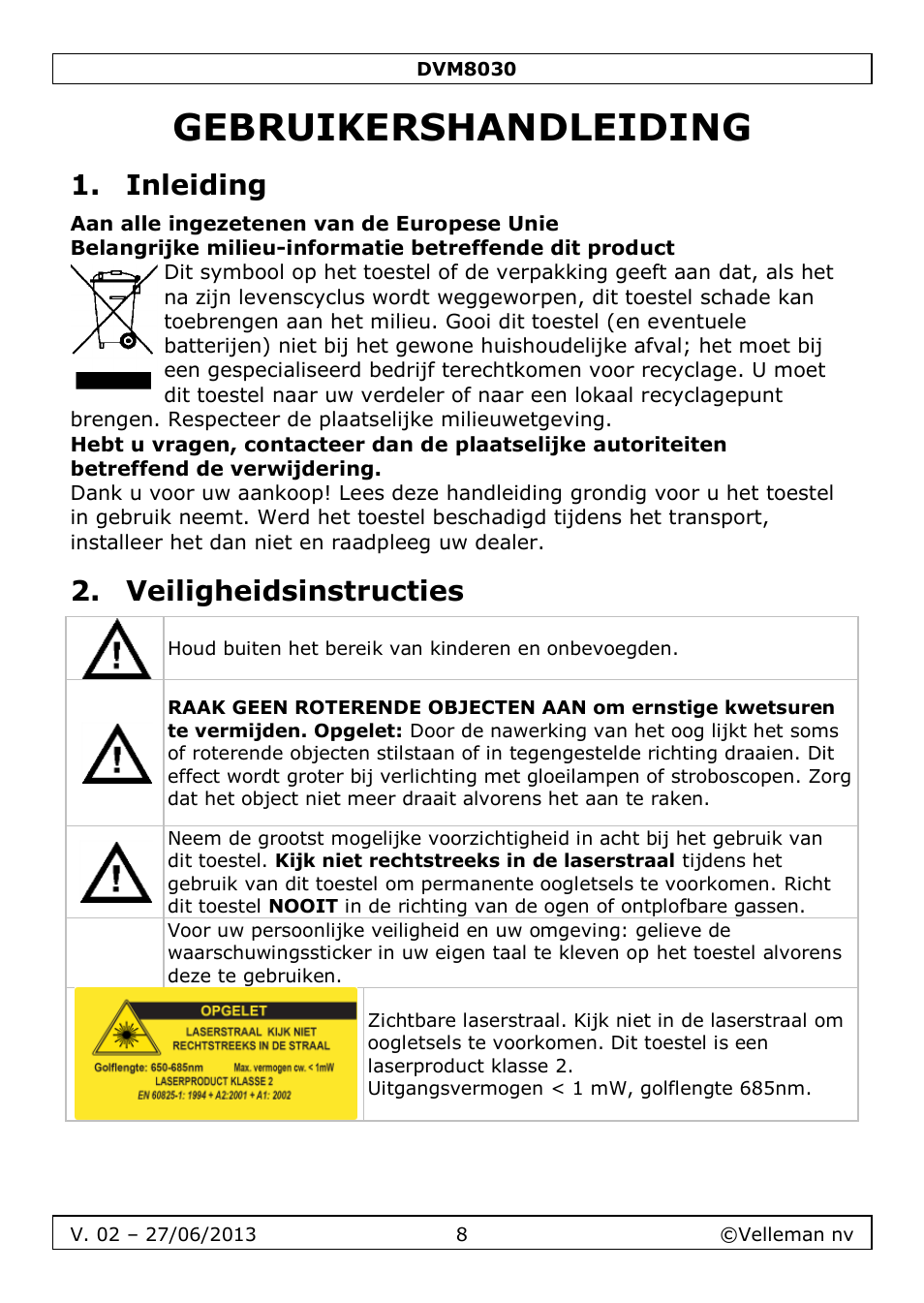 Gebruikershandleiding, Inleiding, Veiligheidsinstructies | Velleman DVM8030 User Manual | Page 8 / 33
