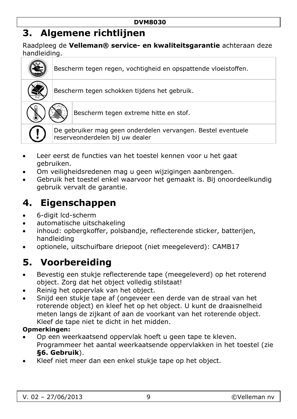 Algemene richtlijnen, Eigenschappen, Voorbereiding | Velleman DVM8030 User Manual | Page 9 / 33