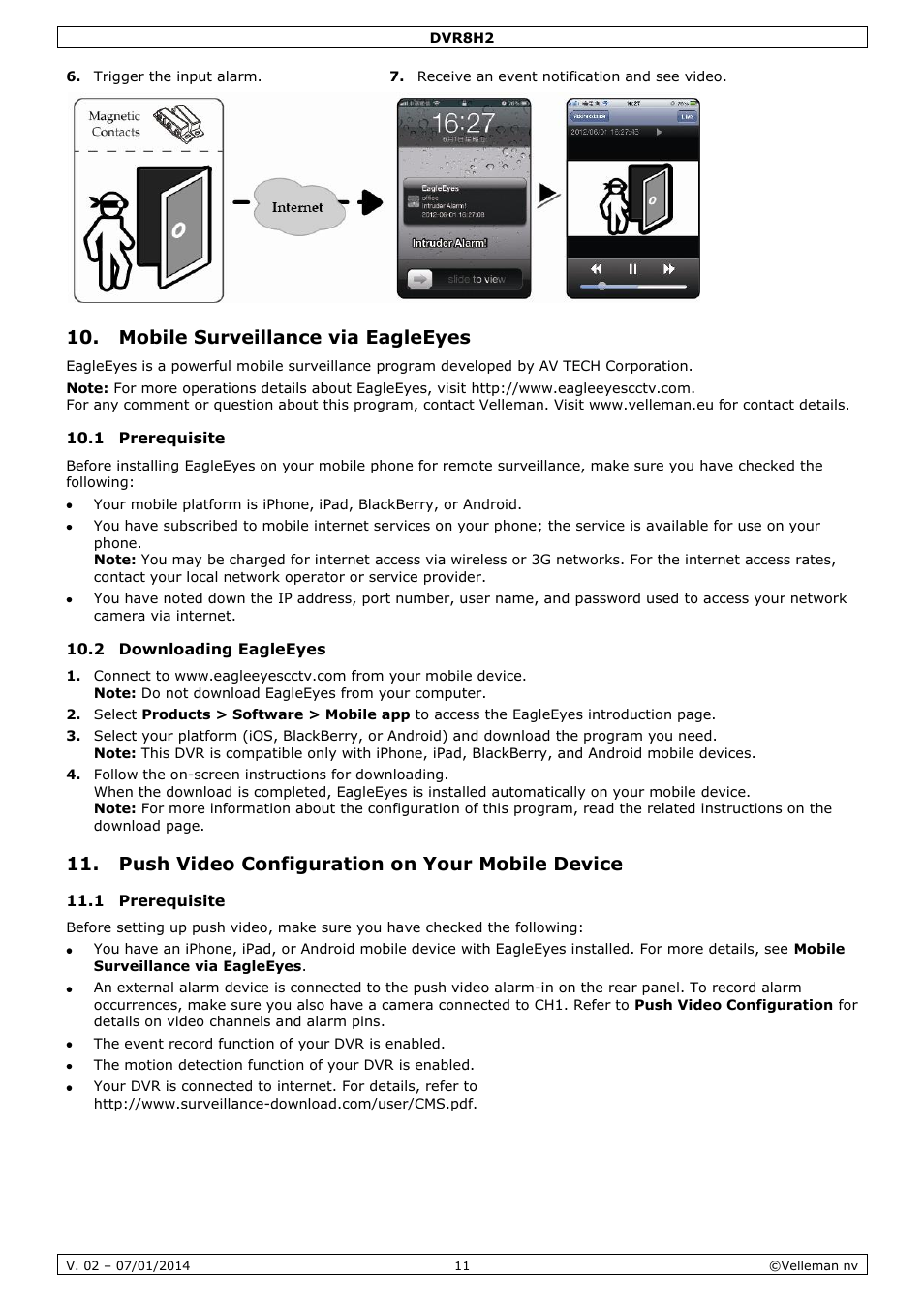 Mobile surveillance via eagleeyes, 1 prerequisite, 2 downloading eagleeyes | Push video configuration on your mobile device | Velleman DVR8H2 Quick Installation Guide User Manual | Page 11 / 64