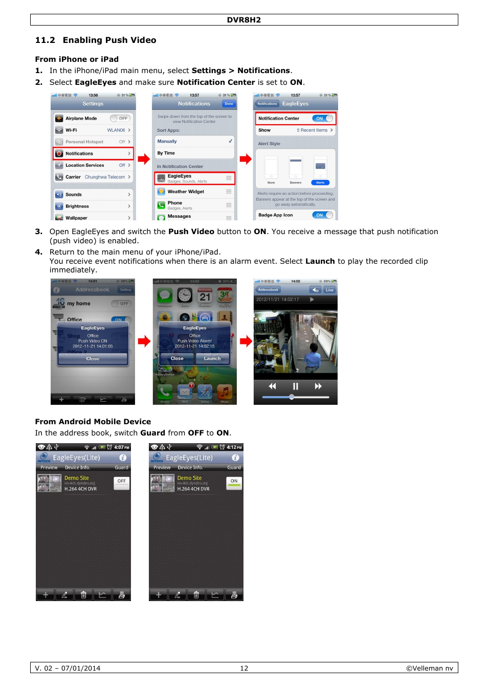 2 enabling push video, From iphone or ipad, From android mobile device | Velleman DVR8H2 Quick Installation Guide User Manual | Page 12 / 64