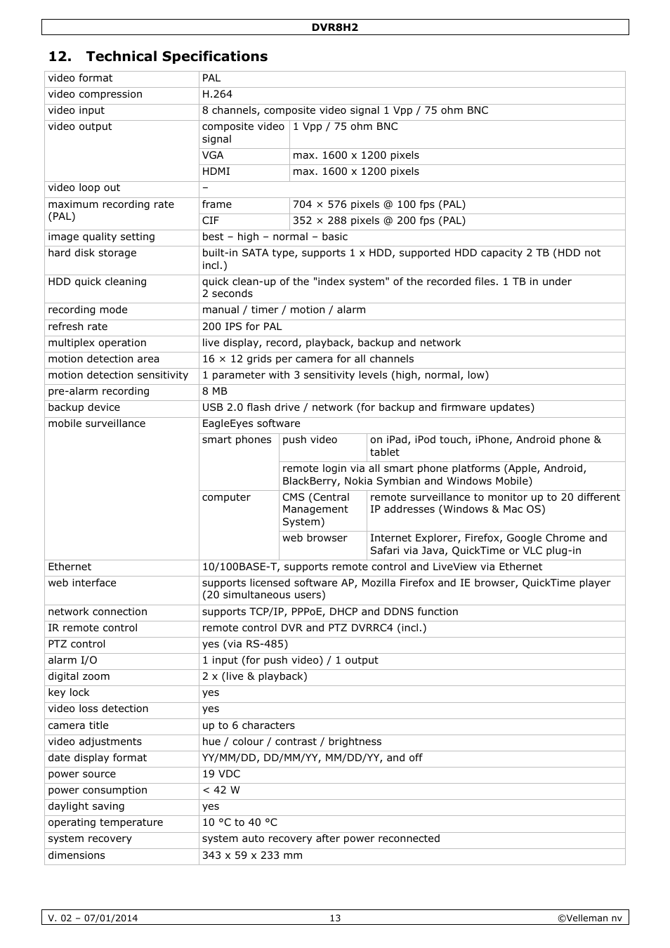 Technical specifications | Velleman DVR8H2 Quick Installation Guide User Manual | Page 13 / 64