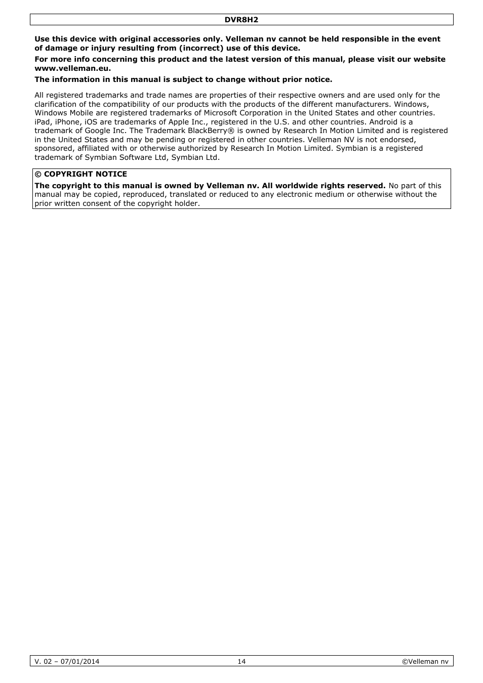 Velleman DVR8H2 Quick Installation Guide User Manual | Page 14 / 64