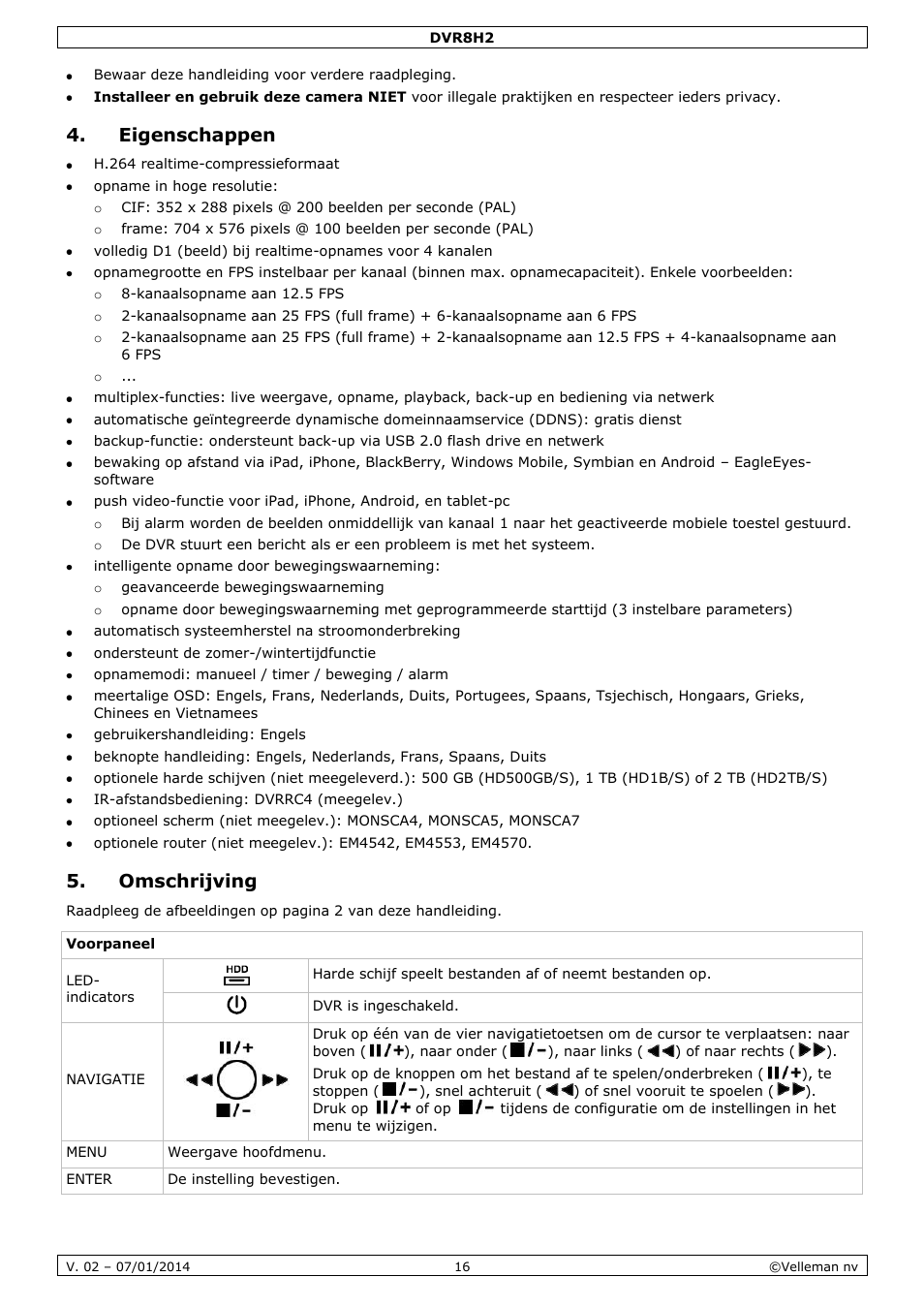 Eigenschappen, Omschrijving | Velleman DVR8H2 Quick Installation Guide User Manual | Page 16 / 64