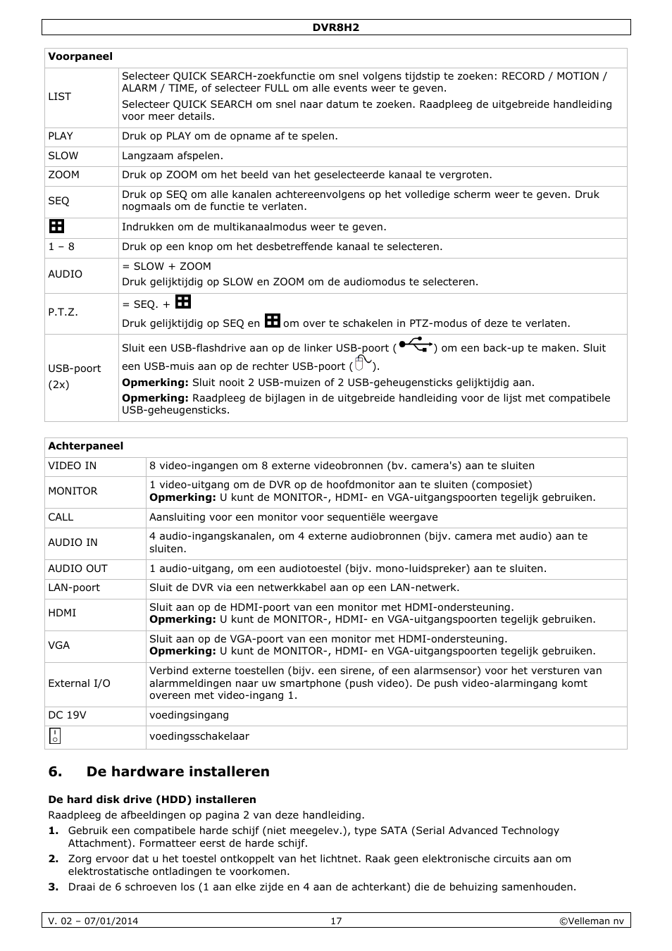 De hardware installeren, De hard disk drive (hdd) installeren | Velleman DVR8H2 Quick Installation Guide User Manual | Page 17 / 64