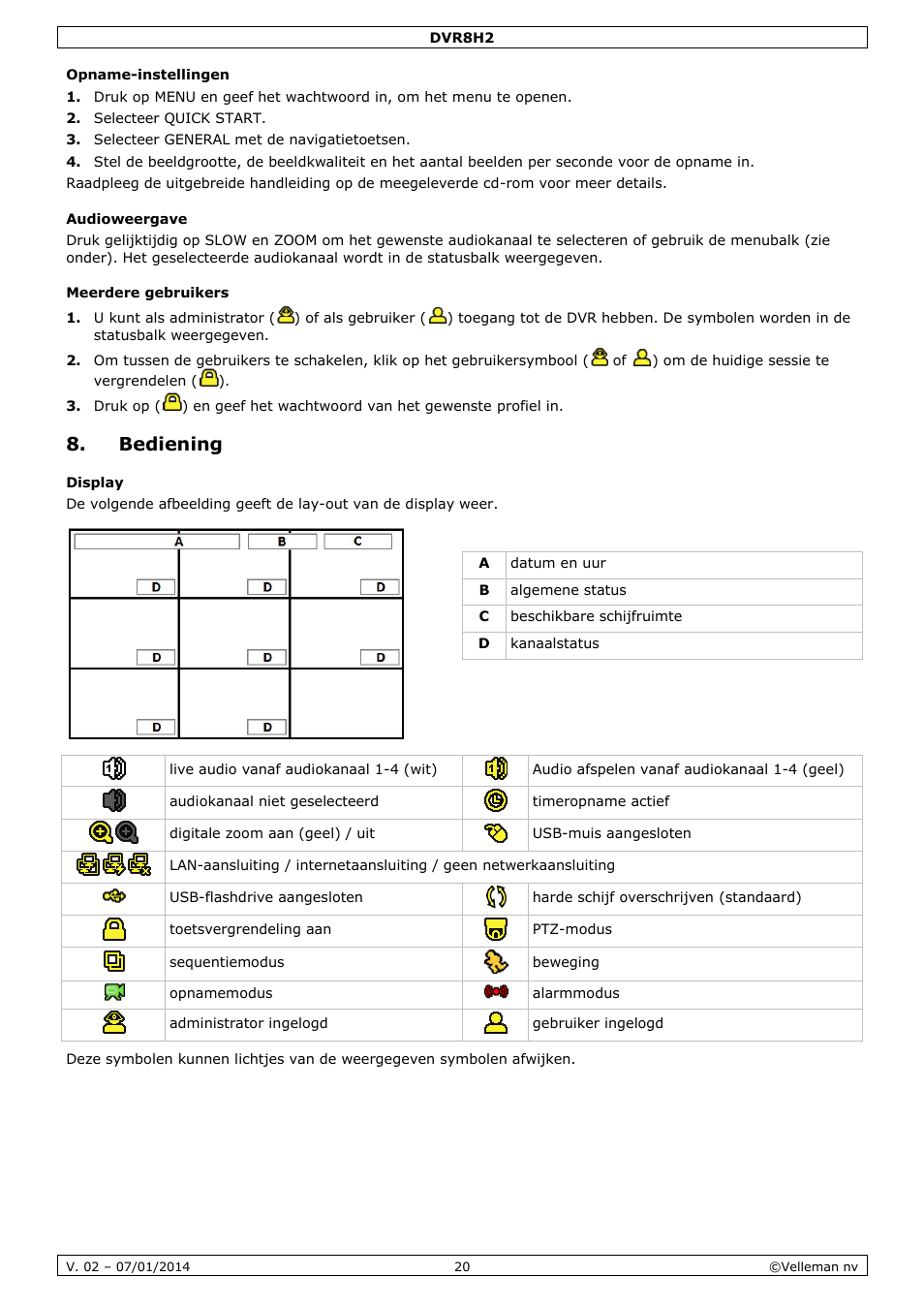 Opname-instellingen, Audioweergave, Meerdere gebruikers | Bediening, Display | Velleman DVR8H2 Quick Installation Guide User Manual | Page 20 / 64