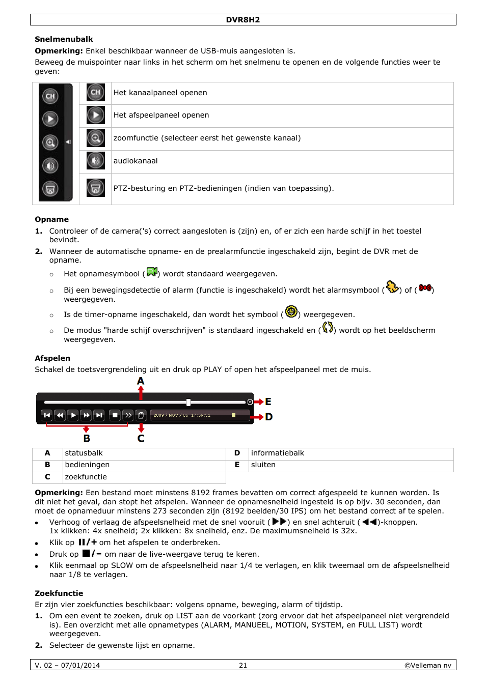 Snelmenubalk, Opname, Afspelen | Zoekfunctie | Velleman DVR8H2 Quick Installation Guide User Manual | Page 21 / 64