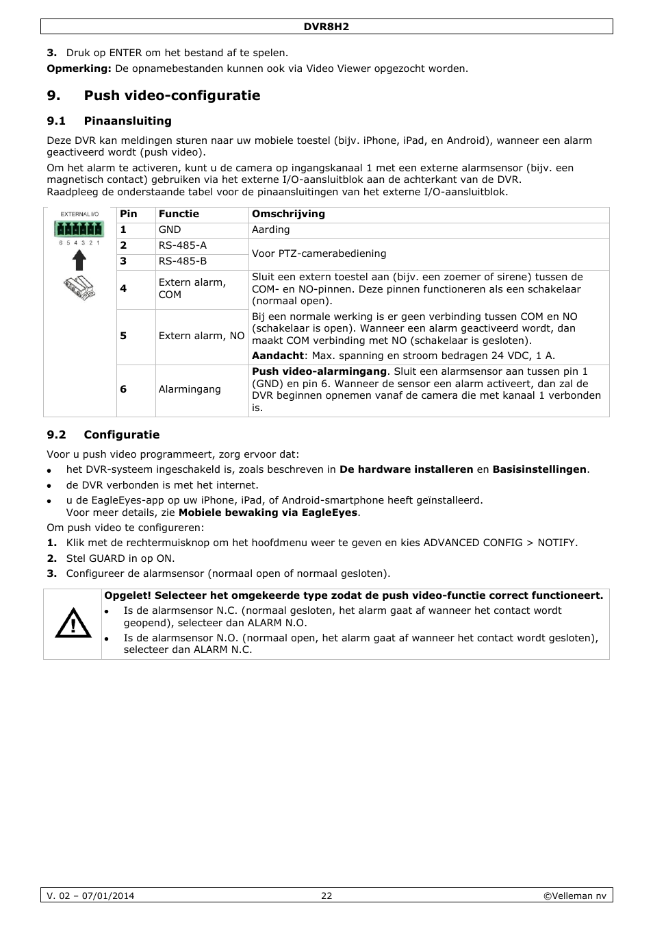 Push video-configuratie, 1 pinaansluiting, 2 configuratie | Velleman DVR8H2 Quick Installation Guide User Manual | Page 22 / 64