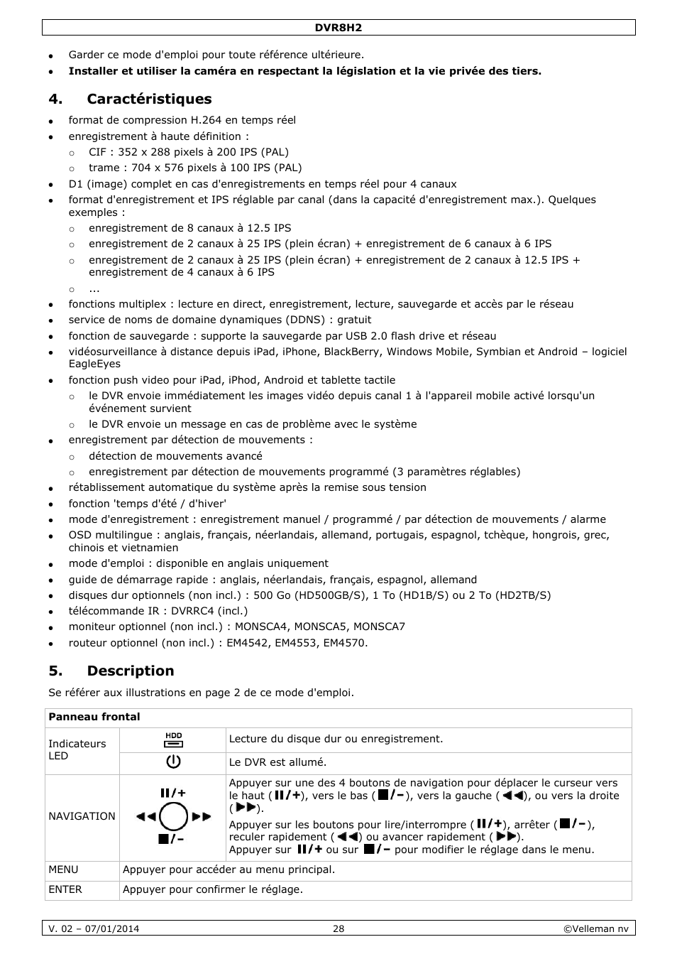 Caractéristiques, Description | Velleman DVR8H2 Quick Installation Guide User Manual | Page 28 / 64