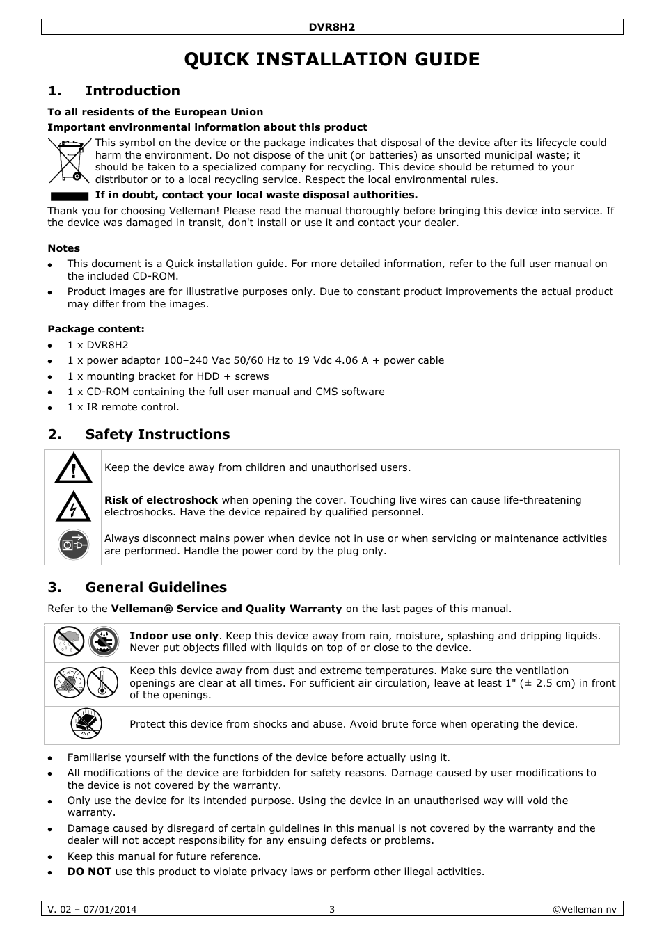 Quick installation guide, Introduction, Notes | Package content, Safety instructions, General guidelines | Velleman DVR8H2 Quick Installation Guide User Manual | Page 3 / 64