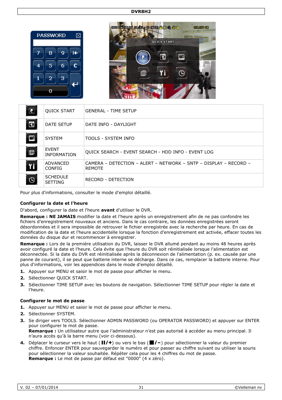 Configurer la date et l'heure, Configurer le mot de passe | Velleman DVR8H2 Quick Installation Guide User Manual | Page 31 / 64
