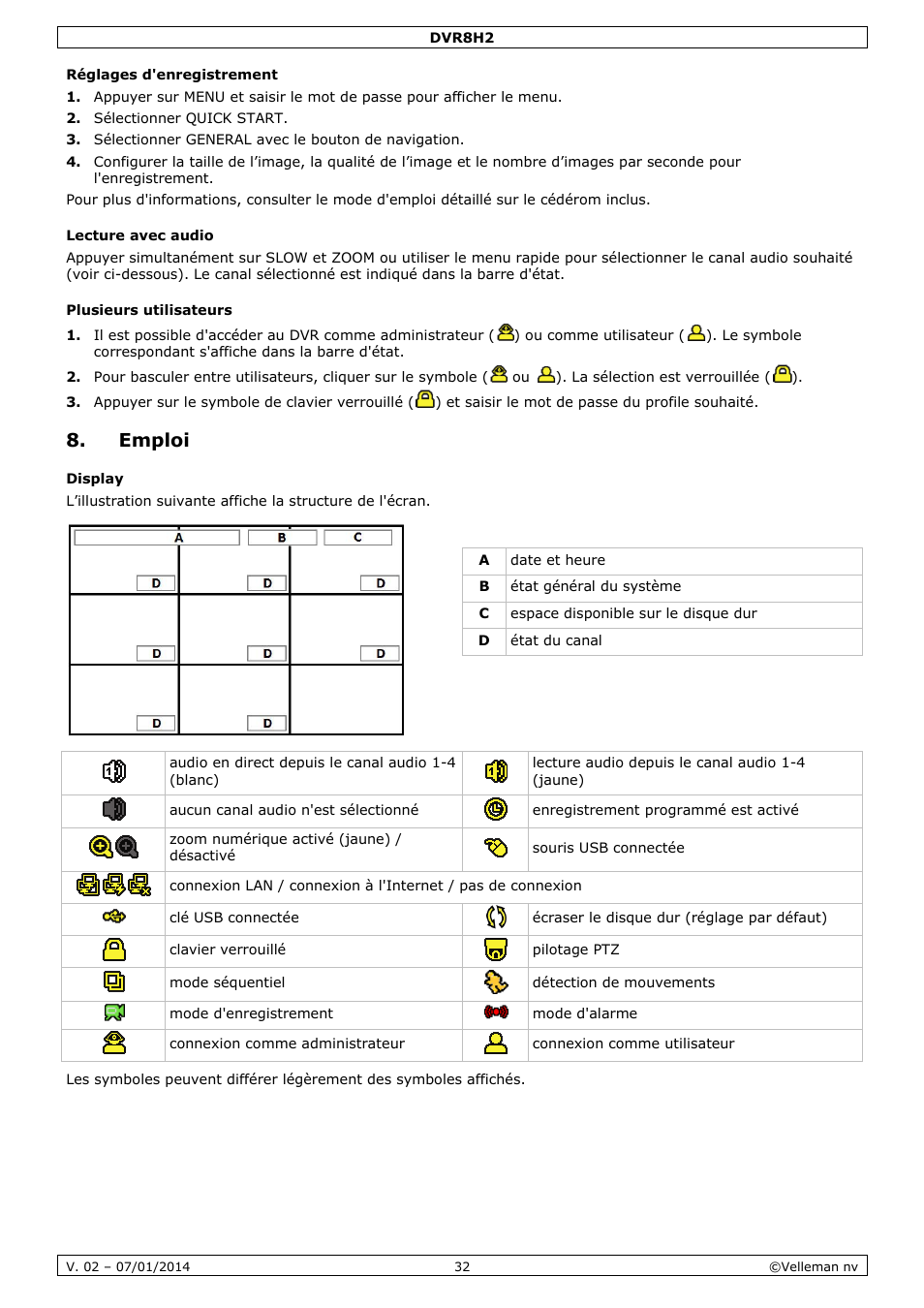 Réglages d'enregistrement, Lecture avec audio, Plusieurs utilisateurs | Emploi, Display | Velleman DVR8H2 Quick Installation Guide User Manual | Page 32 / 64