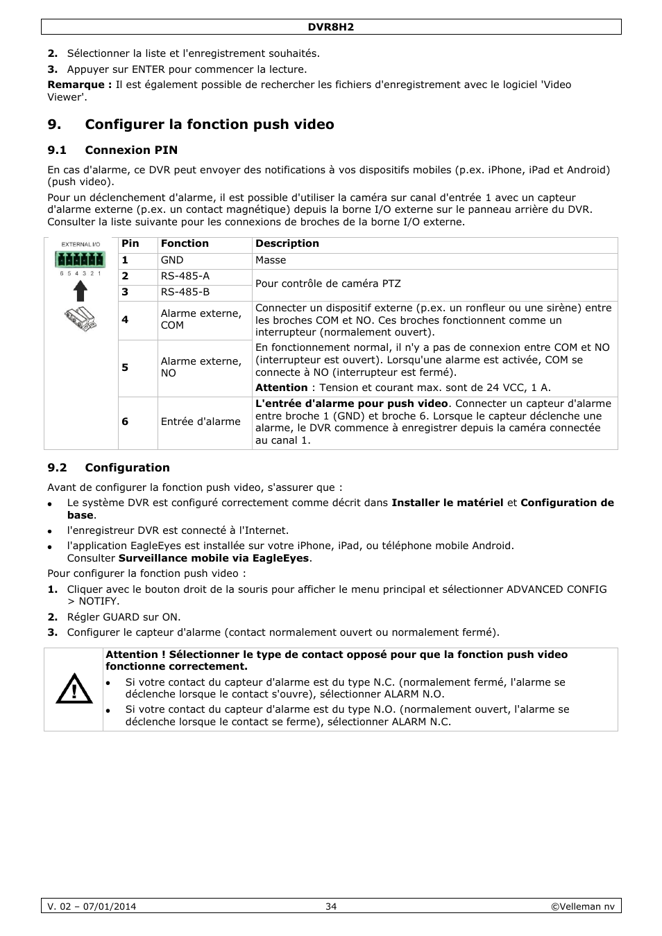 Configurer la fonction push video, 1 connexion pin, 2 configuration | Velleman DVR8H2 Quick Installation Guide User Manual | Page 34 / 64