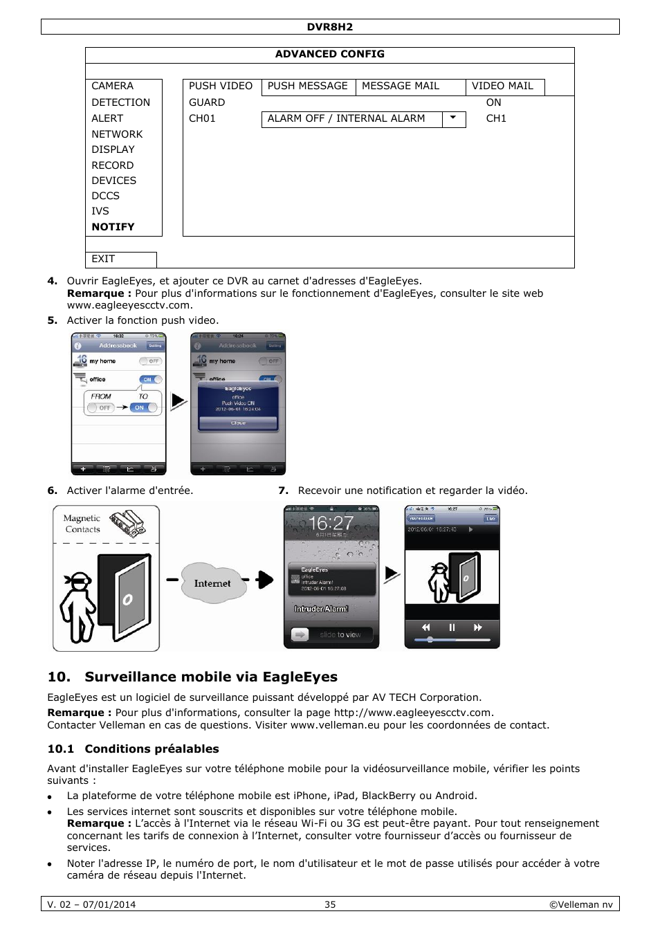 Surveillance mobile via eagleeyes, 1 conditions préalables | Velleman DVR8H2 Quick Installation Guide User Manual | Page 35 / 64