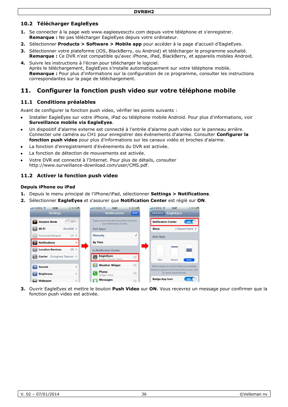 2 télécharger eagleeyes, 1 conditions préalables, 2 activer la fonction push video | Depuis iphone ou ipad | Velleman DVR8H2 Quick Installation Guide User Manual | Page 36 / 64