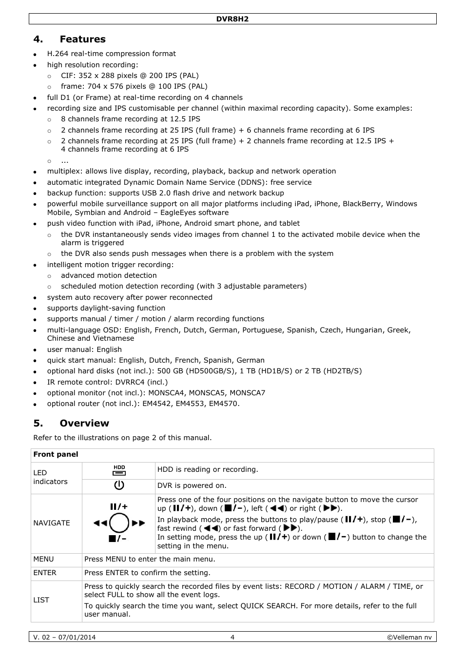 Features, Overview | Velleman DVR8H2 Quick Installation Guide User Manual | Page 4 / 64