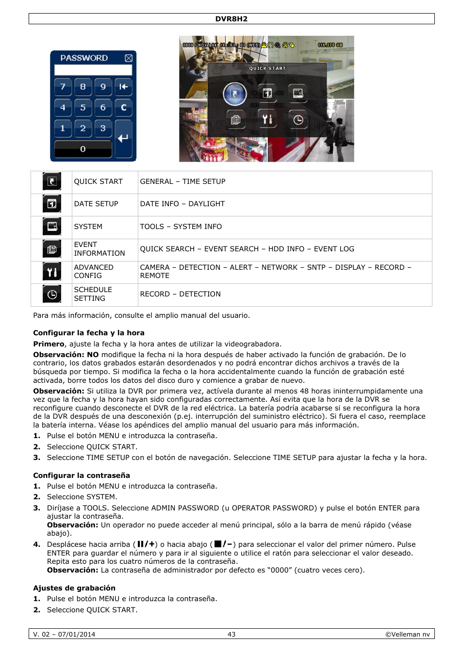 Configurar la fecha y la hora, Configurar la contraseña, Ajustes de grabación | Velleman DVR8H2 Quick Installation Guide User Manual | Page 43 / 64