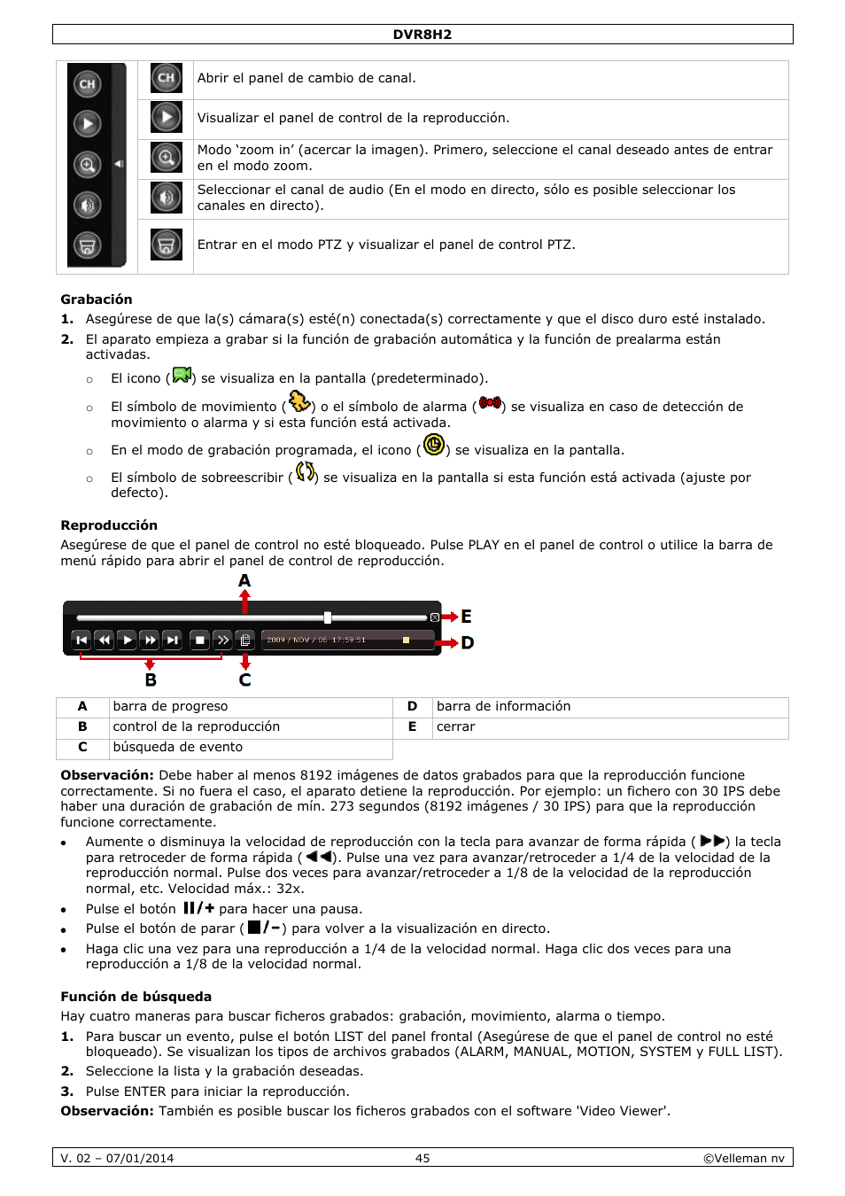Grabación, Reproducción, Función de búsqueda | Velleman DVR8H2 Quick Installation Guide User Manual | Page 45 / 64
