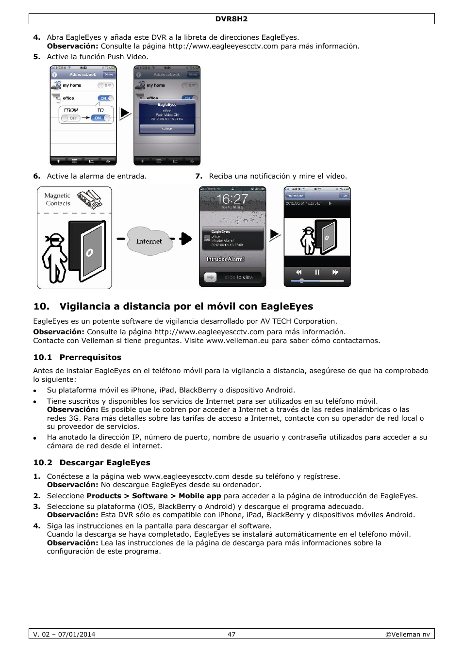 Vigilancia a distancia por el móvil con eagleeyes, 1 prerrequisitos, 2 descargar eagleeyes | Velleman DVR8H2 Quick Installation Guide User Manual | Page 47 / 64
