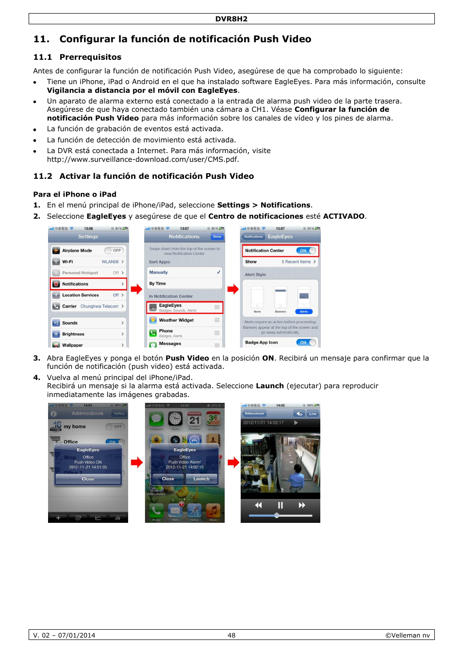 Configurar la función de notificación push video, 1 prerrequisitos, 2 activar la función de notificación push video | Para el iphone o ipad | Velleman DVR8H2 Quick Installation Guide User Manual | Page 48 / 64