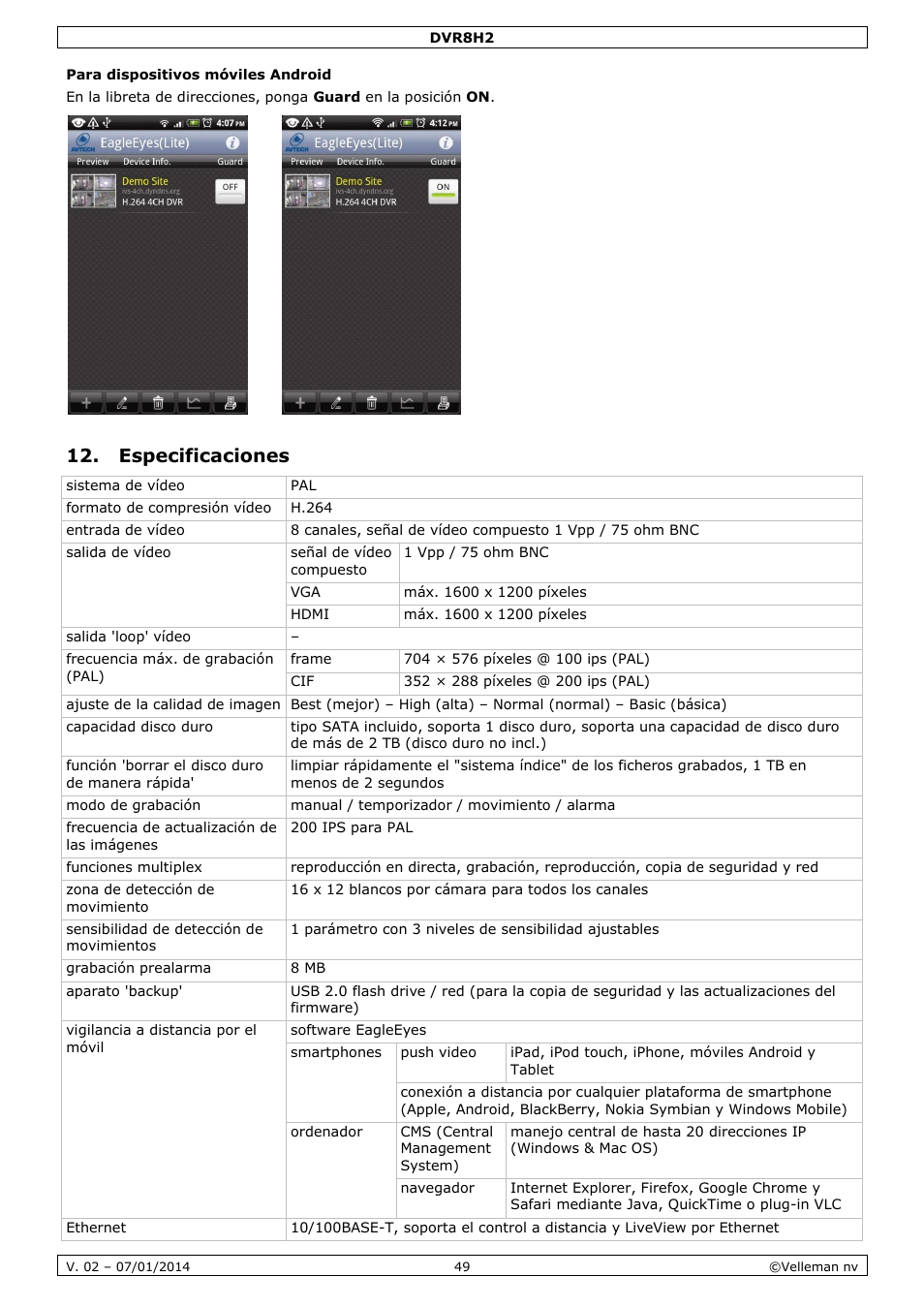 Para dispositivos móviles android, Especificaciones | Velleman DVR8H2 Quick Installation Guide User Manual | Page 49 / 64