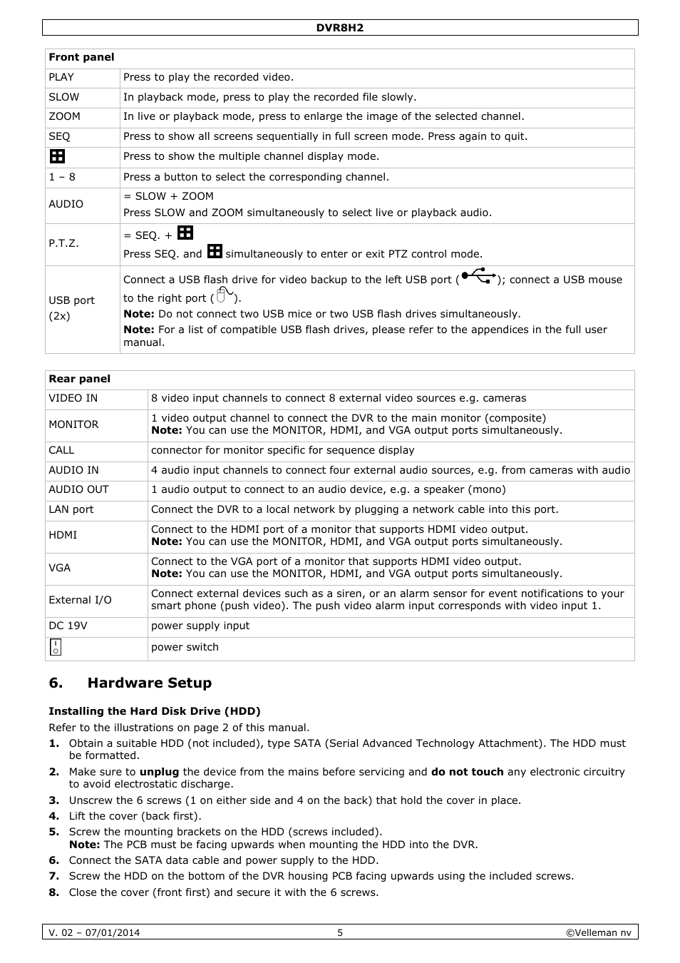 Hardware setup, Installing the hard disk drive (hdd) | Velleman DVR8H2 Quick Installation Guide User Manual | Page 5 / 64