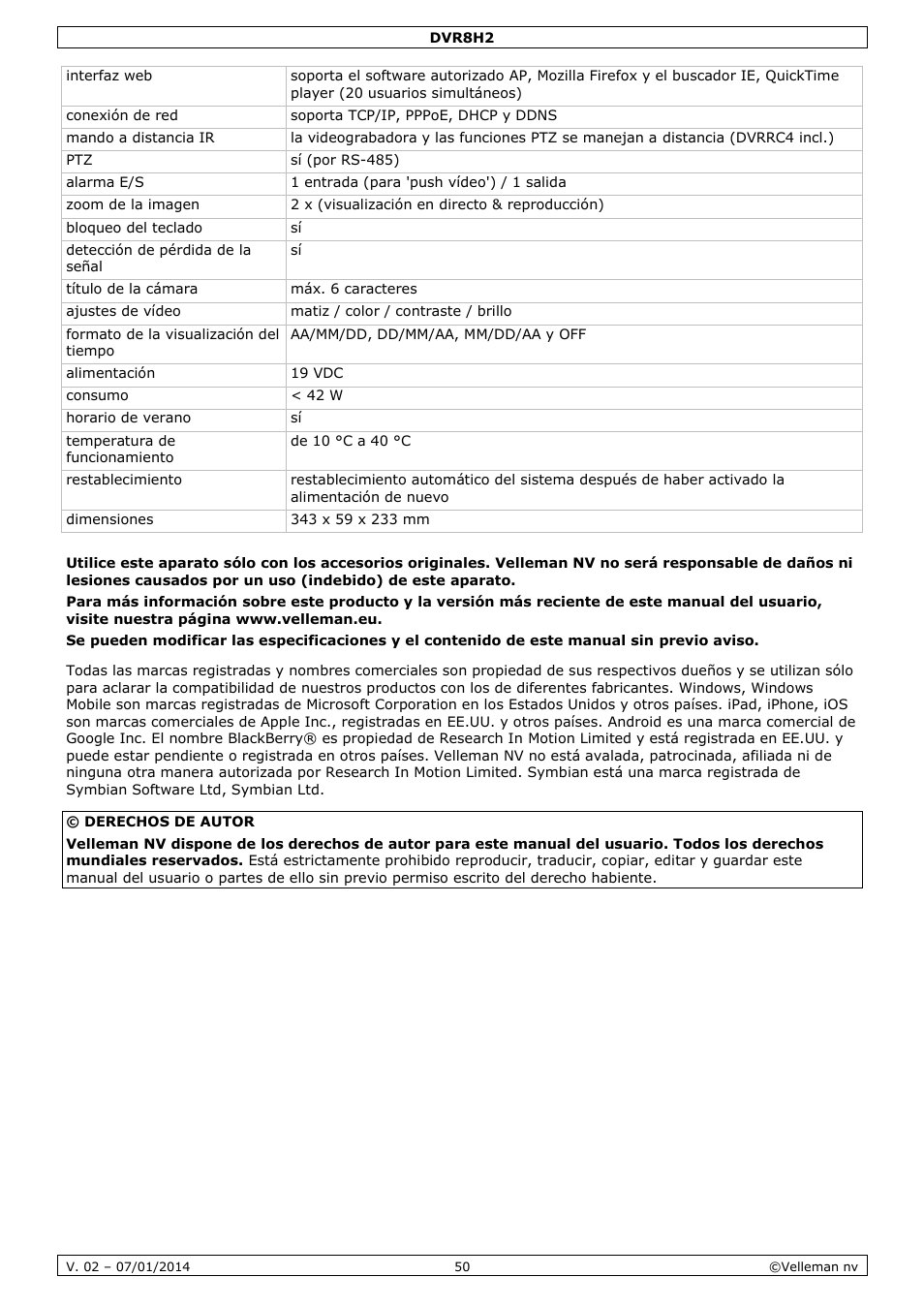 Velleman DVR8H2 Quick Installation Guide User Manual | Page 50 / 64