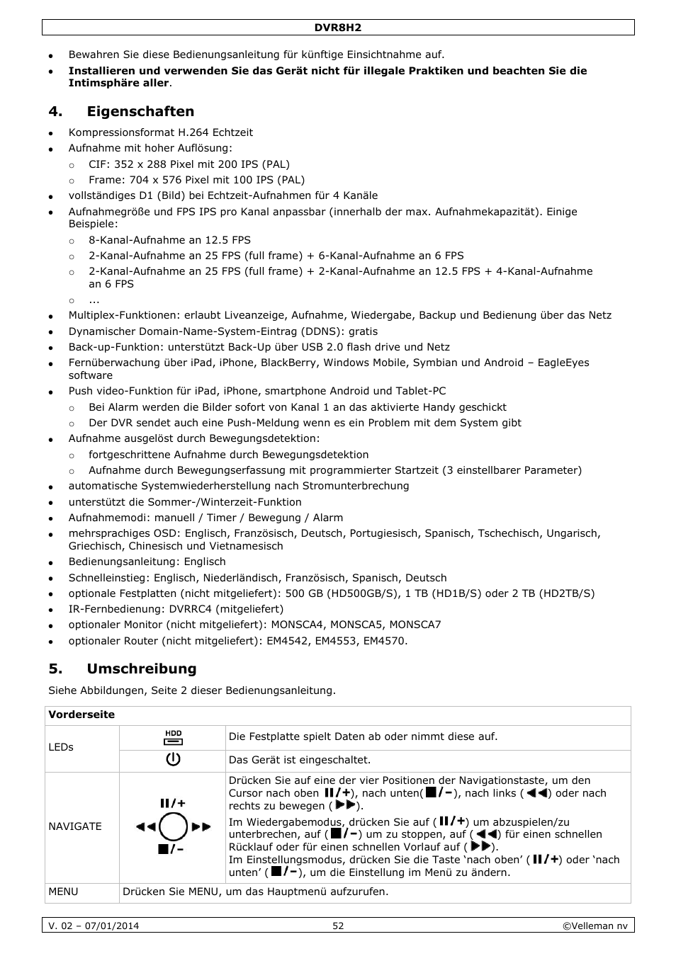 Eigenschaften, Umschreibung | Velleman DVR8H2 Quick Installation Guide User Manual | Page 52 / 64