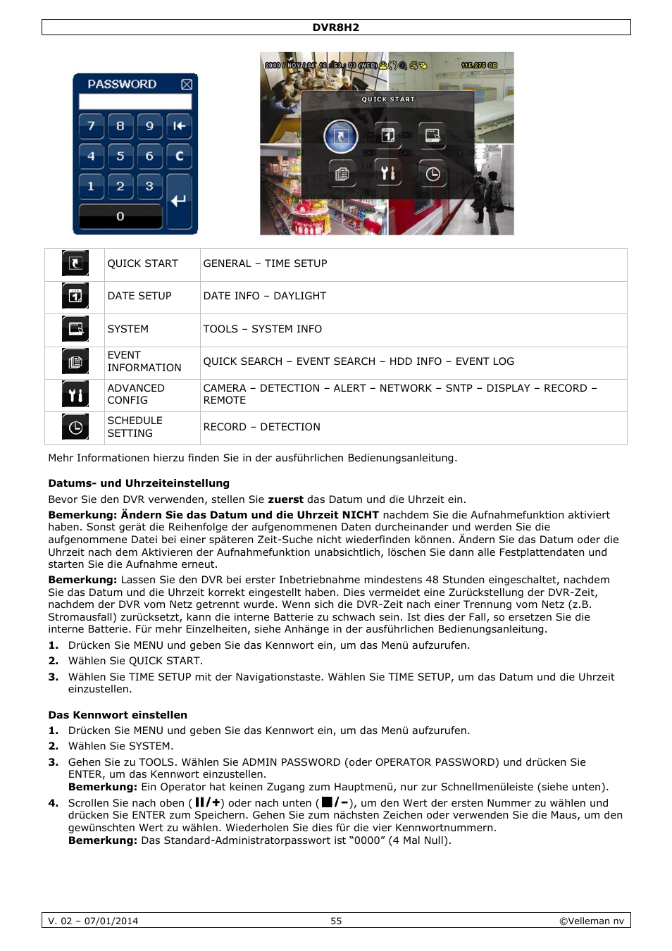 Datums- und uhrzeiteinstellung, Das kennwort einstellen | Velleman DVR8H2 Quick Installation Guide User Manual | Page 55 / 64