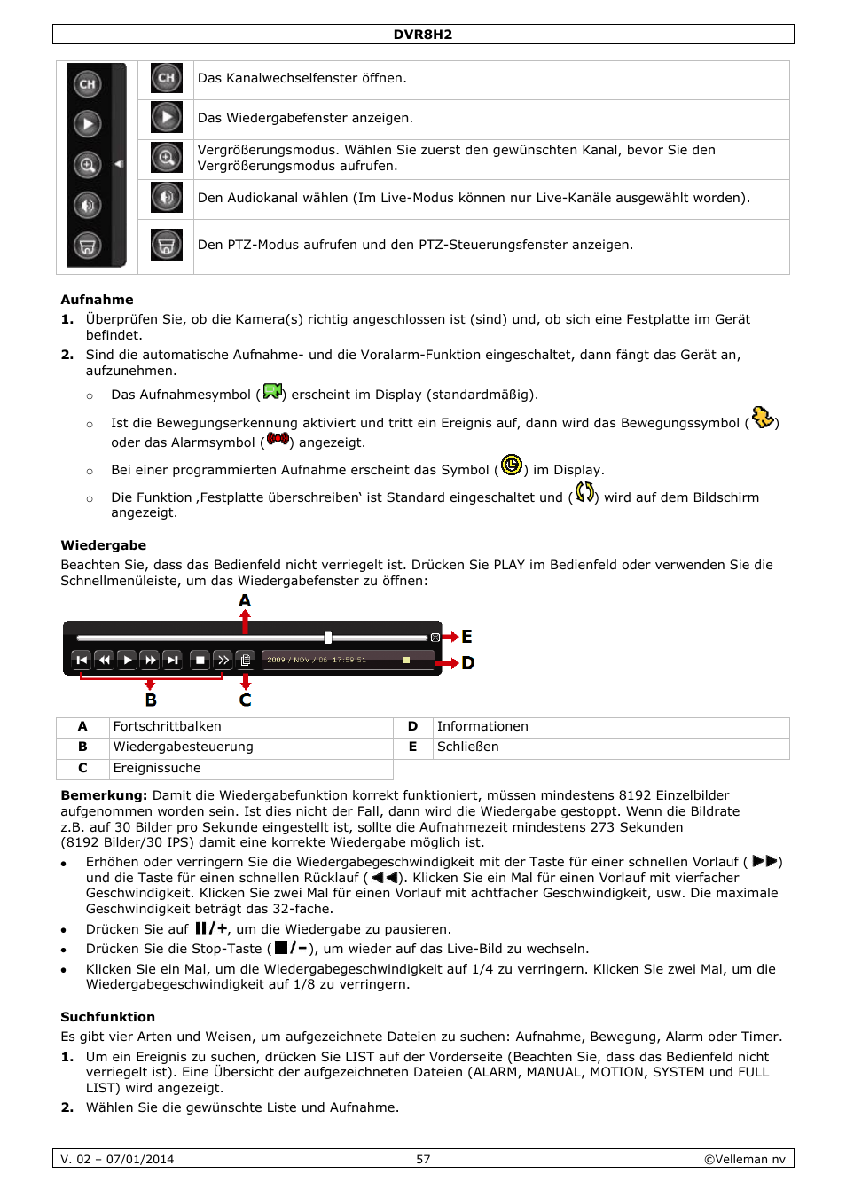 Aufnahme, Wiedergabe, Suchfunktion | Velleman DVR8H2 Quick Installation Guide User Manual | Page 57 / 64